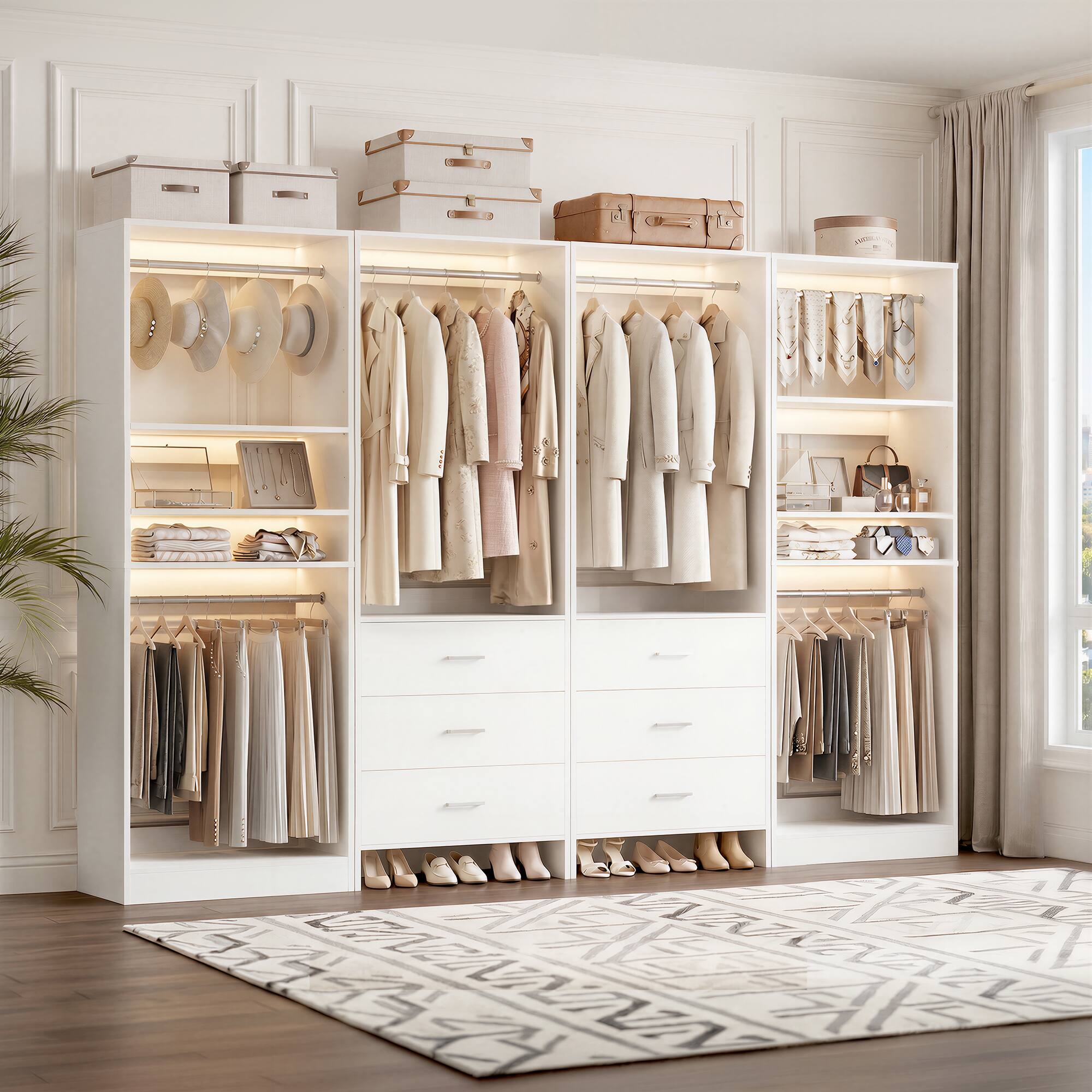 Alt View 2. Aheaplus - 98'' Walk-in Closet Organizer System, 4 Piece Wardrobe Set with 6 Drawers, 6 Hanging Rods & Adjustable Shelves - White.