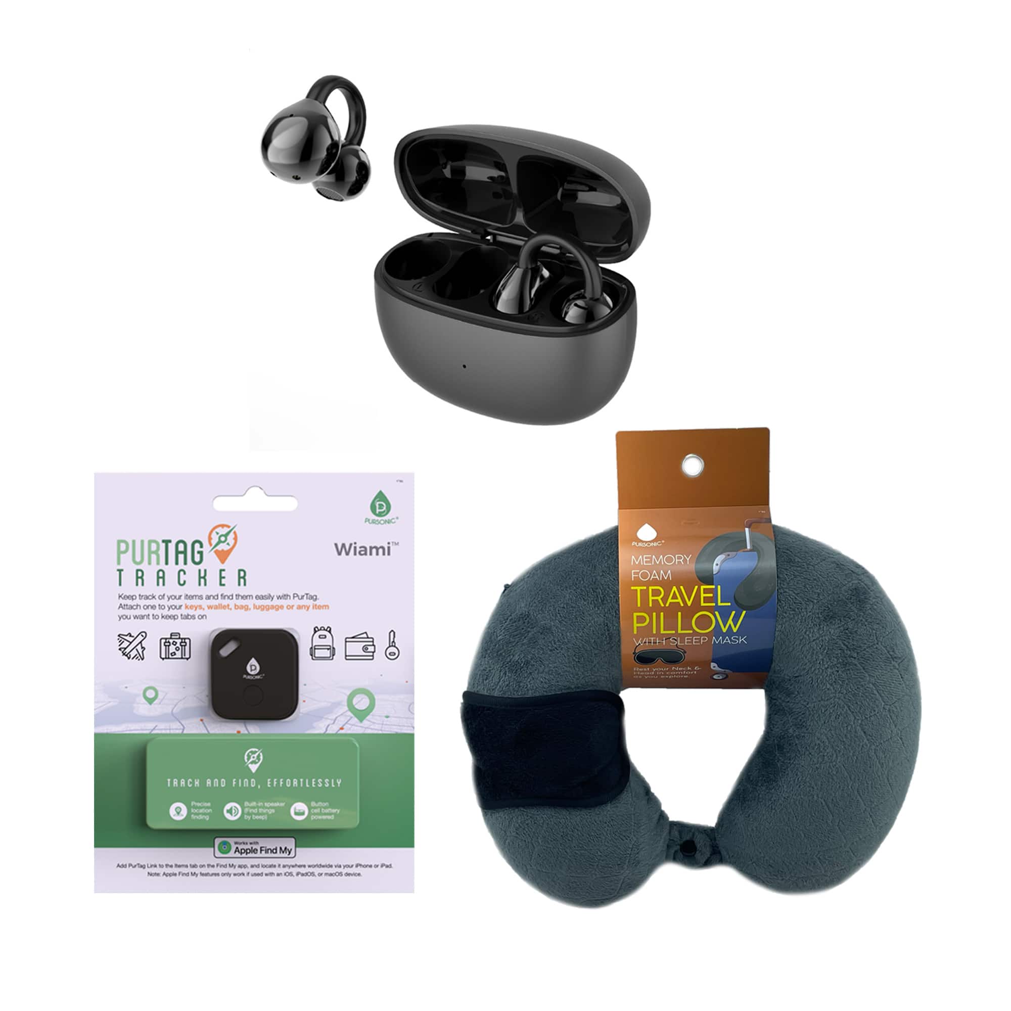 Pursonic - Ultimate Travel Essentials Bundle – Wireless Earbuds, Purtag Tracker & Memory Foam Travel Pillow Set