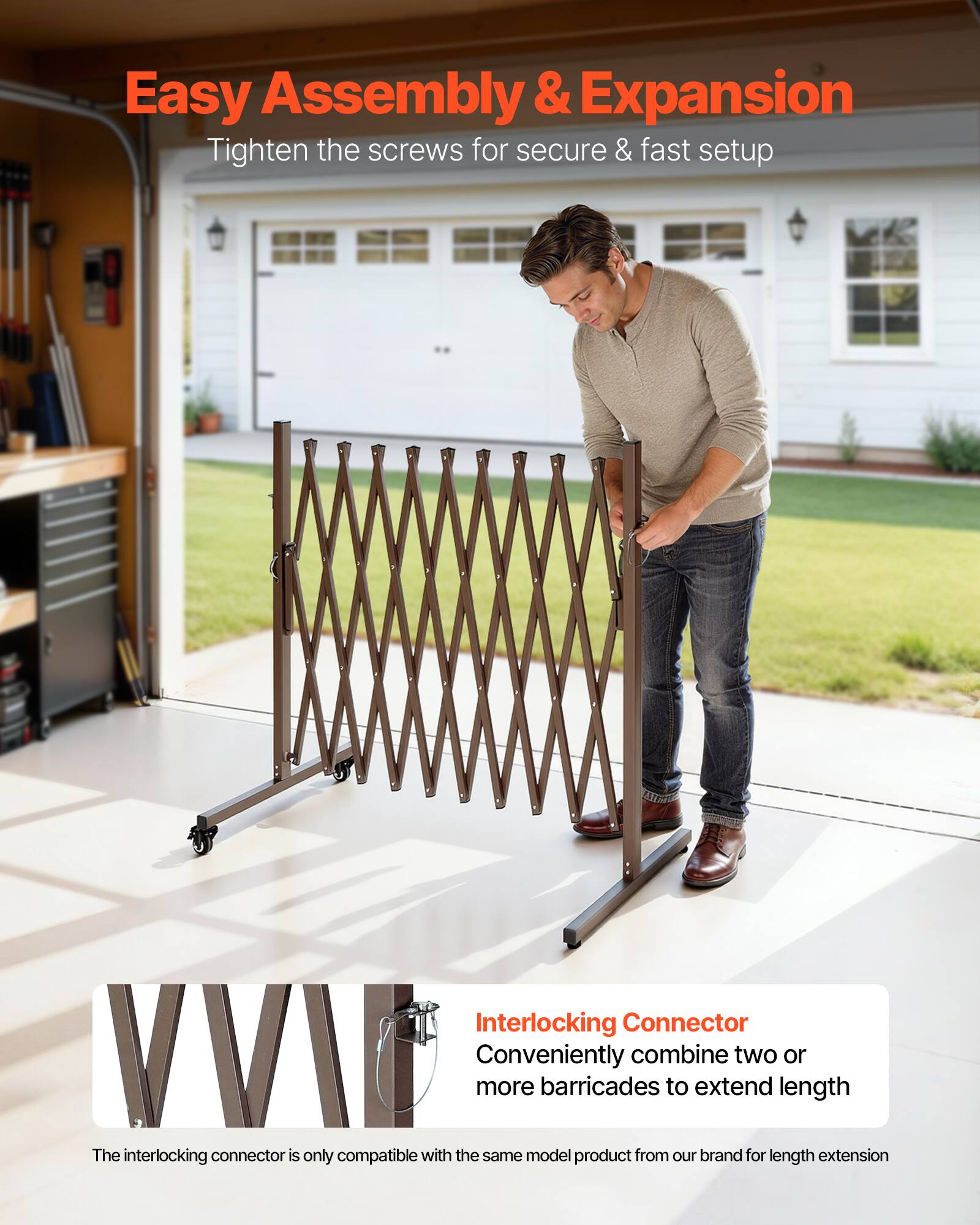 Easy Assembly & Expansion  
Tighten the screws for secure & fast setup  

Interlocking Connector  
Conveniently combine two or more barricades to extend length  

The interlocking connector is only compatible with the same model product from our brand for length extension