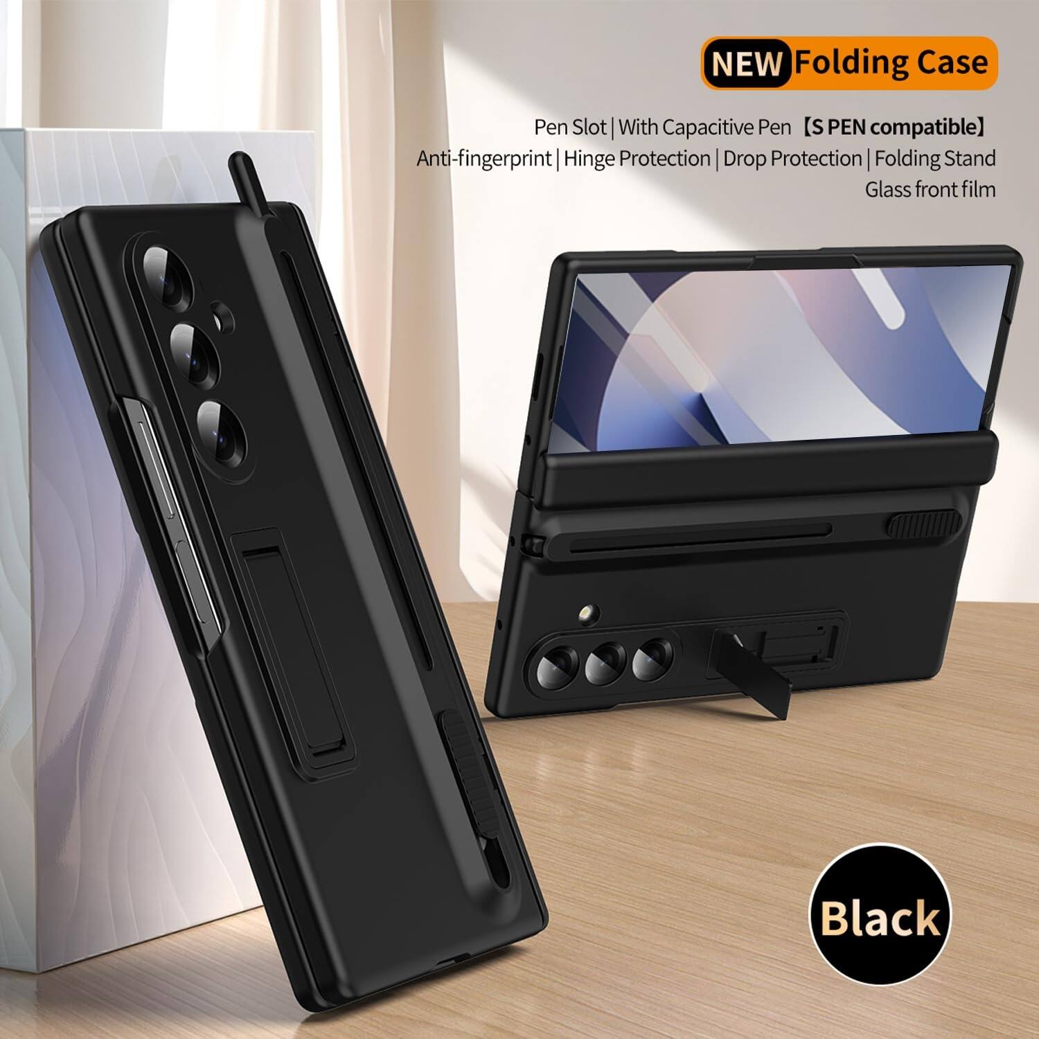 NEW Folding Case Pen Slot | With Capacitive Pen [S PEN compatible] Anti-fingerprint Hinge Protection Drop Protection | Folding Stand Glass front film Black