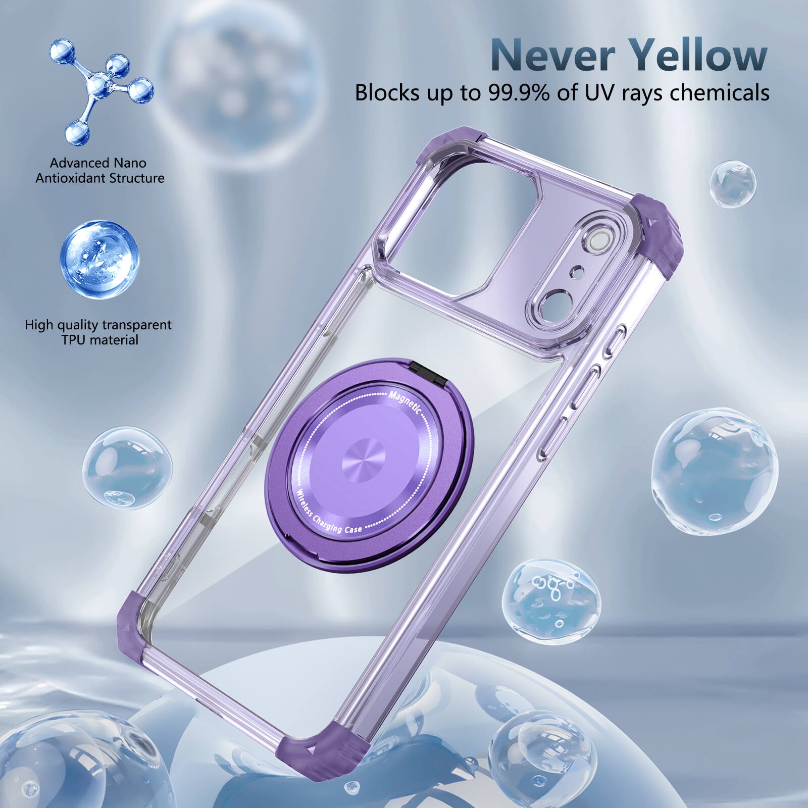 Never Yellow  
Blocks up to 99.9% of UV rays chemicals  
Advanced Nano Antioxidant Structure  
High quality transparent TPU material  
Magnetic Wireless Charging Case