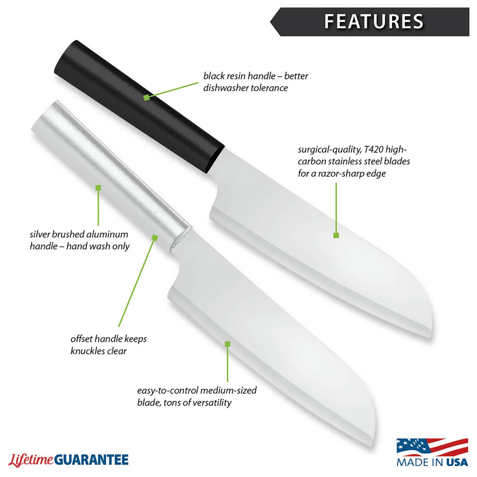 FEATURES
- black resin handle - better dishwasher tolerance
- surgical-quality, T420 high-carbon stainless steel blades for a razor-sharp edge
- silver brushed aluminum handle - hand wash only
- offset handle keeps knuckles clear
- easy-to-control medium-sized blade, tons of versatility

LifetimE GUARANTEE
MADE IN USA