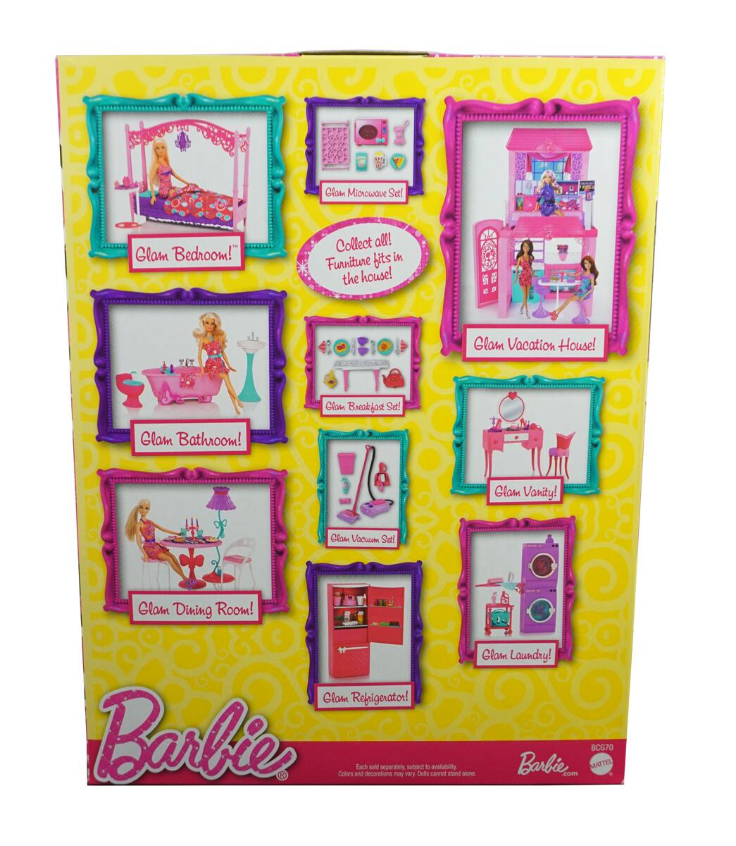 Glam Bedroom!  
Glam Microwave Set  
Glam Bathroom!  
Glam Vanity Set  
Glam Dining Room!  
Glam Vacation House!  
Glam Laundry!  
Glam Refrigerator!  

Collect all Furniture Sets!  
Furniture fits in the house!  

Barbie  
Barbie.com  
©2017 MATTEL  
BGC70