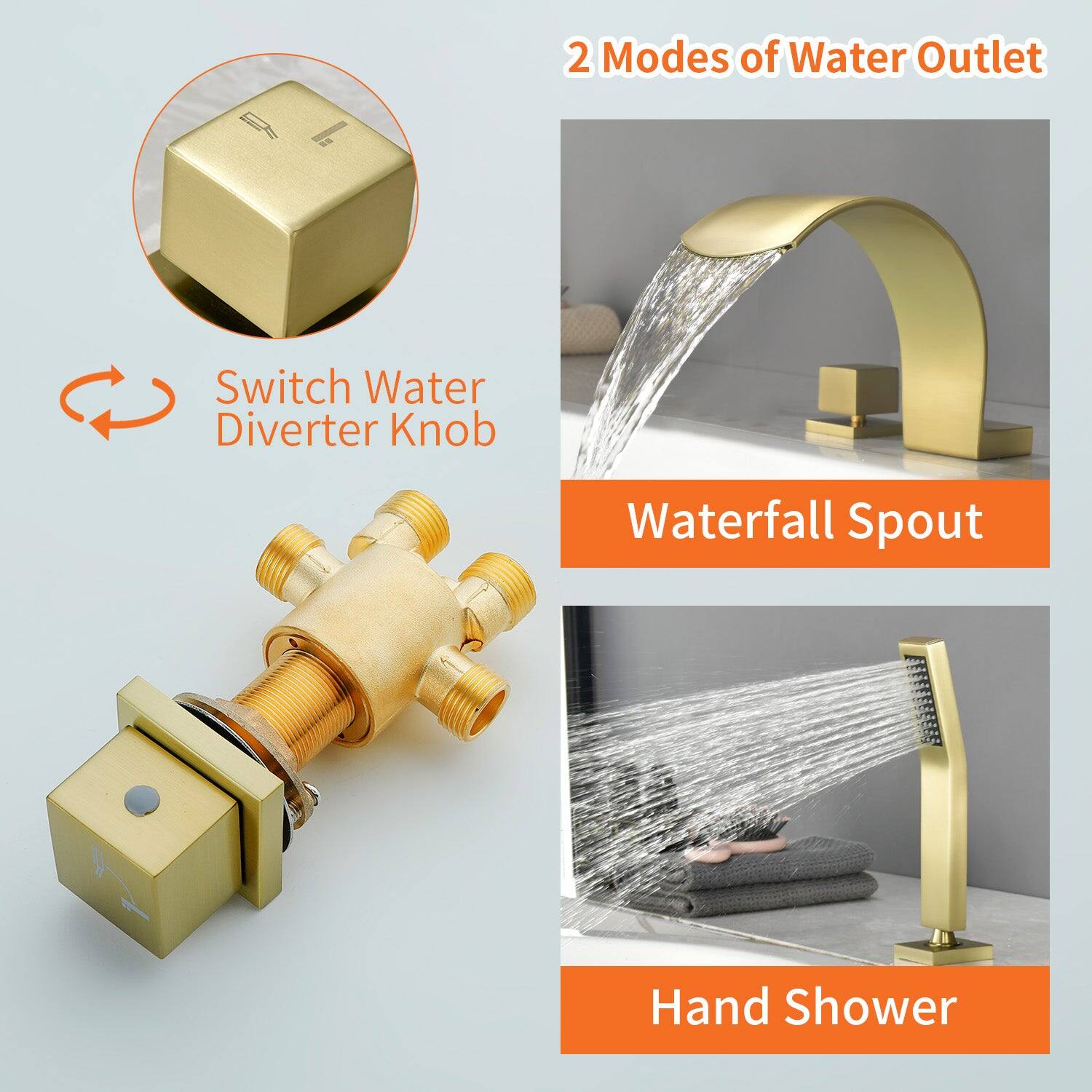 2 Modes of Water Outlet

Switch Water Diverter Knob

Waterfall Spout

Hand Shower