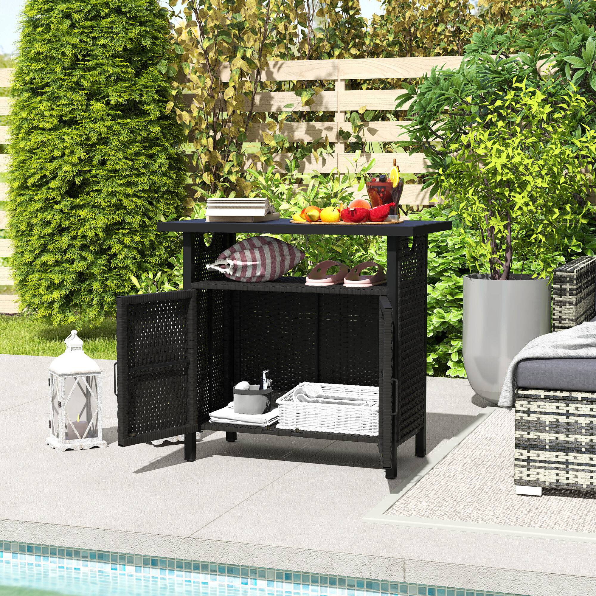 Alt View 7. Outsunny - Outdoor Pool Towel Storage Cabinet Organizer, Outdoor Bar Table with Shelf and Cabinet, Pool Towel Holder Pool Valet - Espresso.