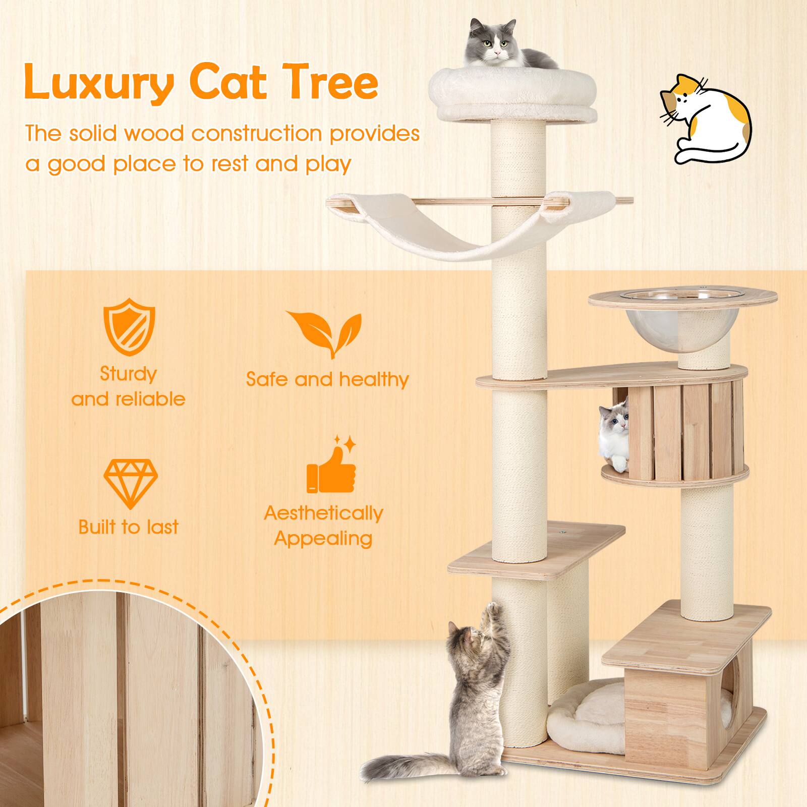 Luxury Cat Tree

The solid wood construction provides a good place to rest and play

- Sturdy and reliable
- Safe and healthy
- Built to last
- Aesthetically Appealing