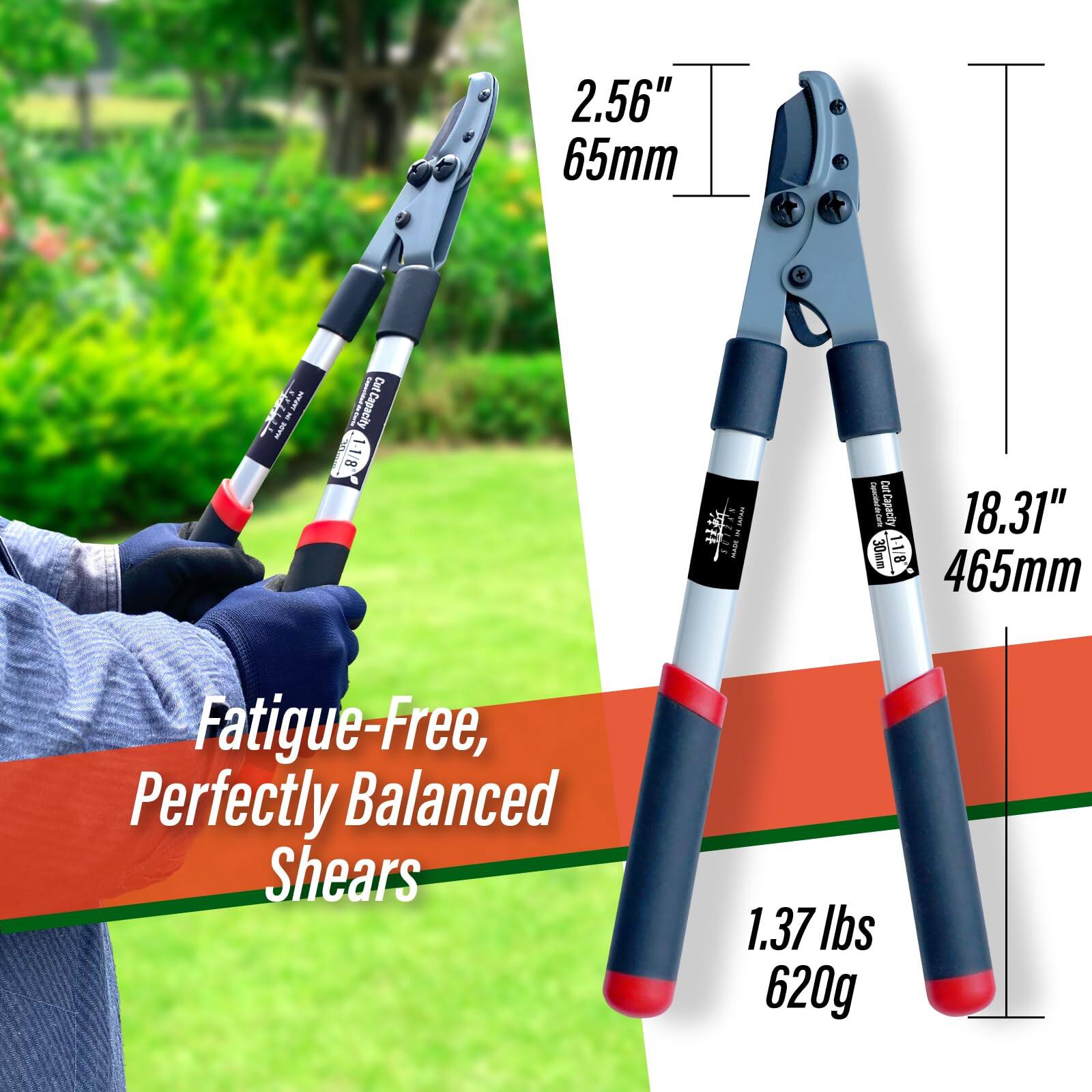 - 2.56" / 65mm
- 18.31" / 465mm
- 1.37 lbs / 620g
- Fatigue-Free, Perfectly Balanced Shears