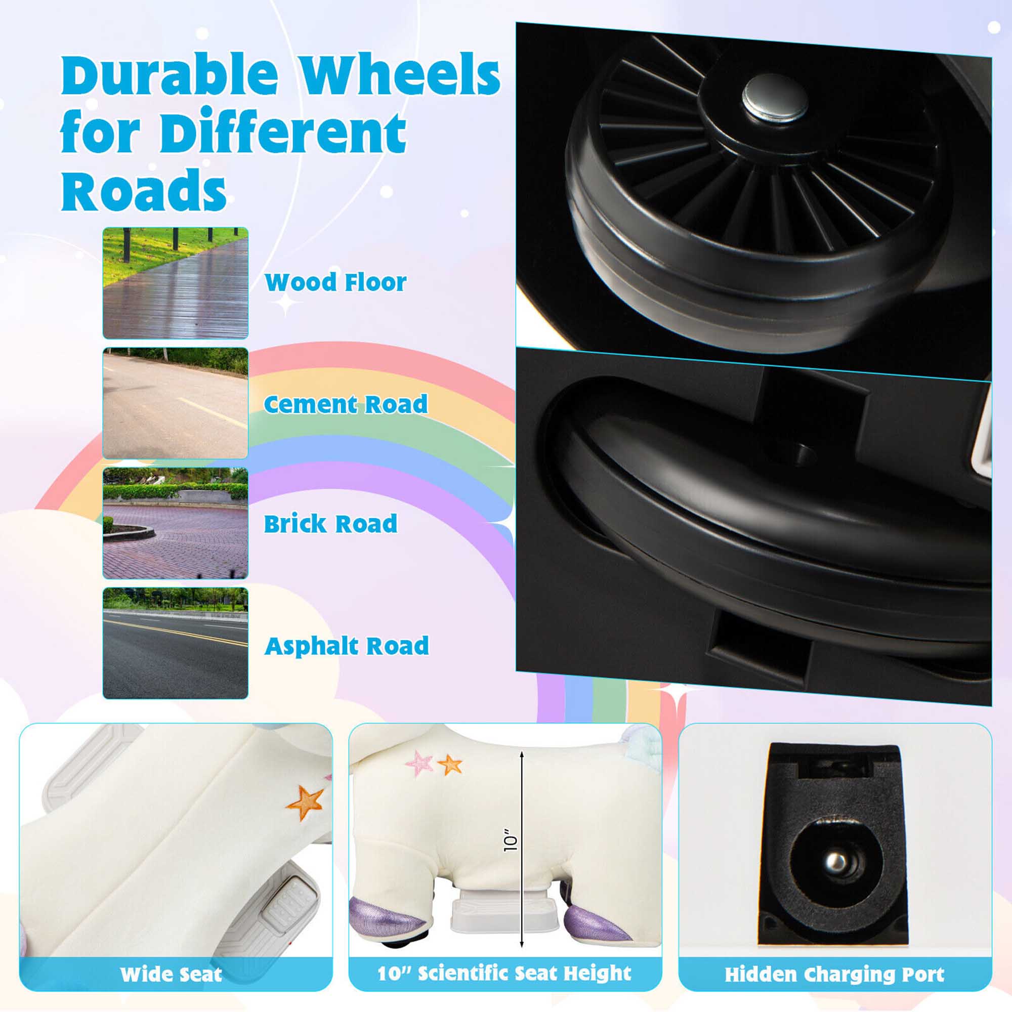 Durable Wheels for Different Roads

- Wood Floor
- Cement Road
- Brick Road
- Asphalt Road

10" Wide Seat

10" Scientific Seat Height

Hidden Charging Port