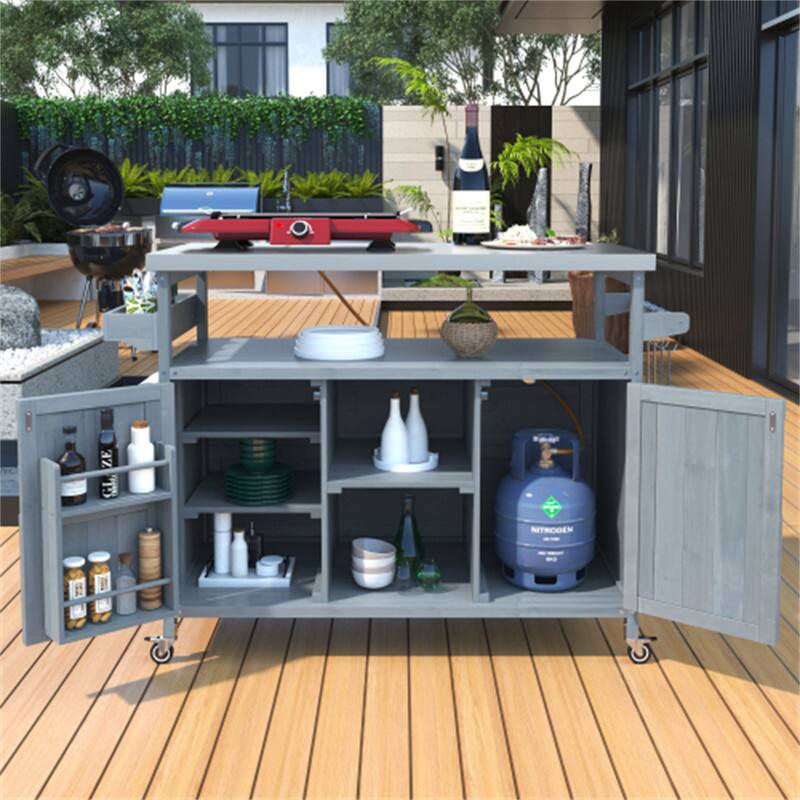 Angle. HTUTWOO - Outdoor Kitchen Island Rolling Bar Cart -Wood Grill Table with Stainless Steel Top,Storage Cabinet,Spice Rack,Towel Rack - Grey Blue.