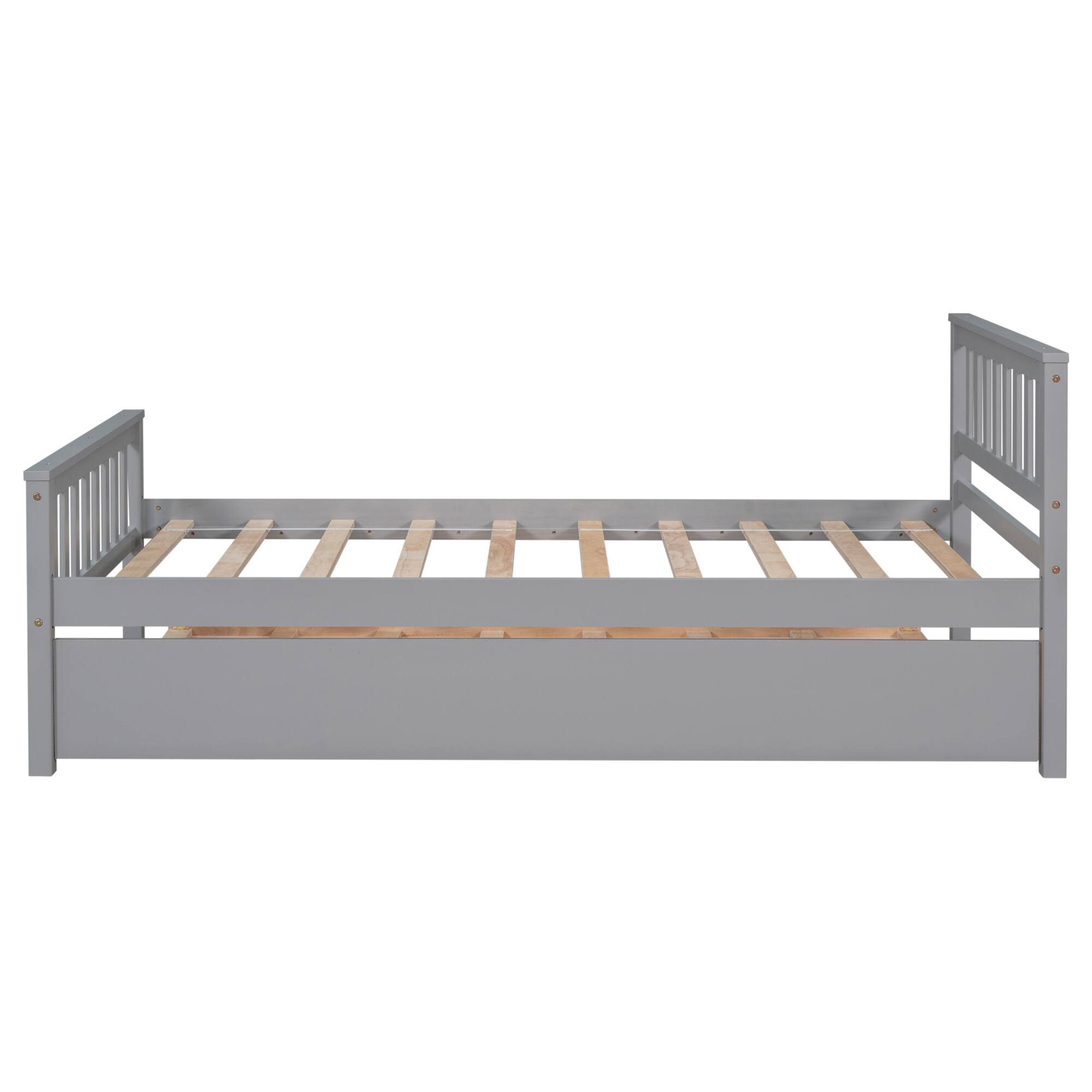 Left. GOODSILO - Space-Saving Twin Platform Bed Frame with Pull-Out Trundle and Headboard for Compact Living Areas - Grey.