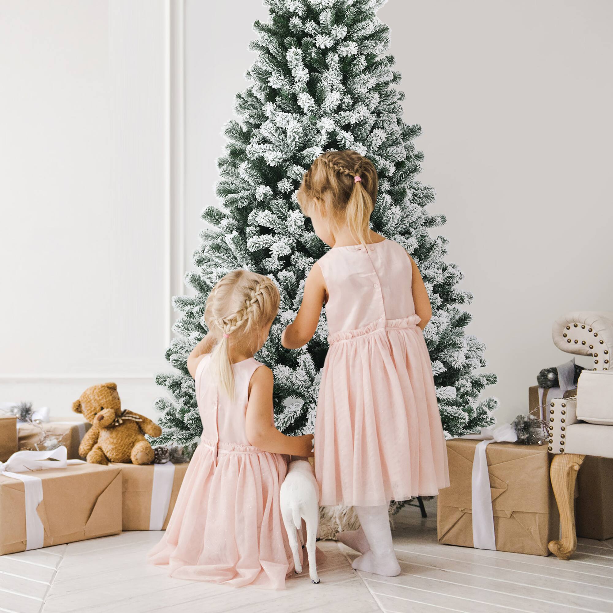 Alt View 19. Costway - 6ft Pre-lit Snow Flocked Hinged Christmas Tree w/ 928 Tips & Metal Stand - Green/White.