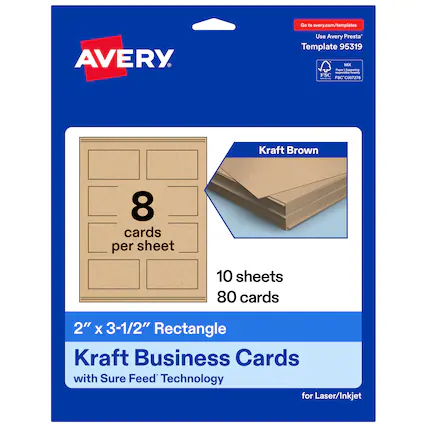 Go to avery.com/templates
Use Avery Presta Template 95319
Kraft Brown
8 cards per sheet
10 sheets
80 cards
2" x 3-1/2" Rectangle Kraft Business Cards with Sure Feed Technology for Laser/Inkjet