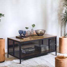 GOODSILO - Antique Oak and Black Finish Foldable Coffee Table with Storage Compartment for Living Room Decor - Black+Oak