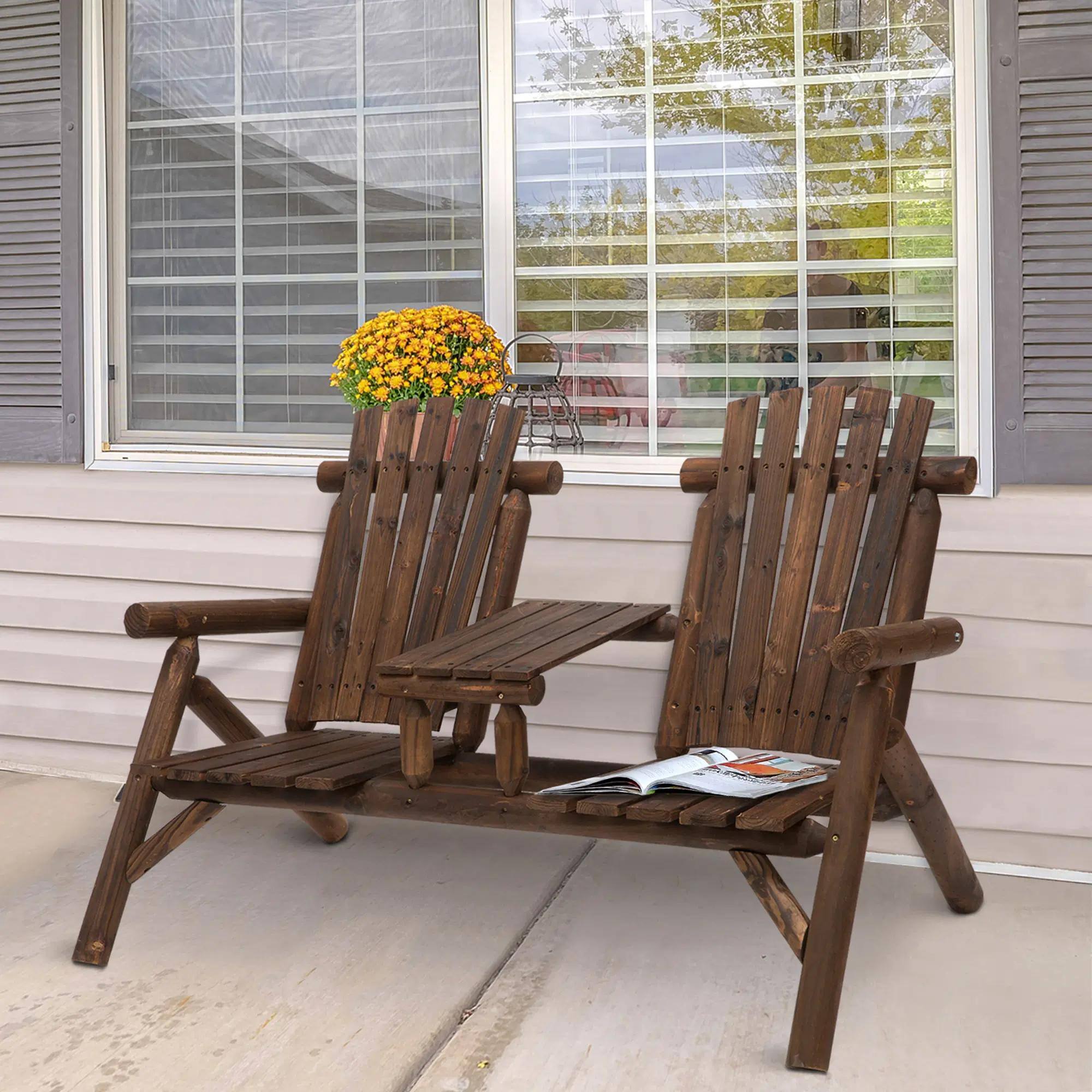 Back. Resenkos - Resenkos Wooden Adirondack Bench Set with Central Coffee Table, Ideal Outdoor Lounging & Relaxation, Brown - Brown.