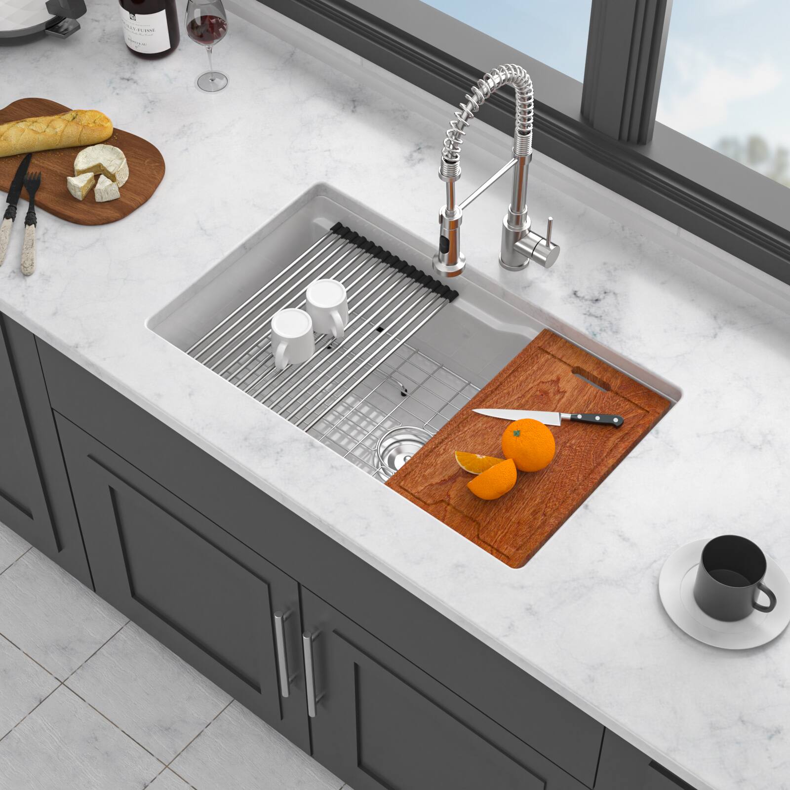 Alt View 1. Siljoy - 32"x19"x10" Undermount Workstation Single Bowl Porcelain Fireclay Kitchen Sink Dual Mount White Rectangular Deep Basin - White.