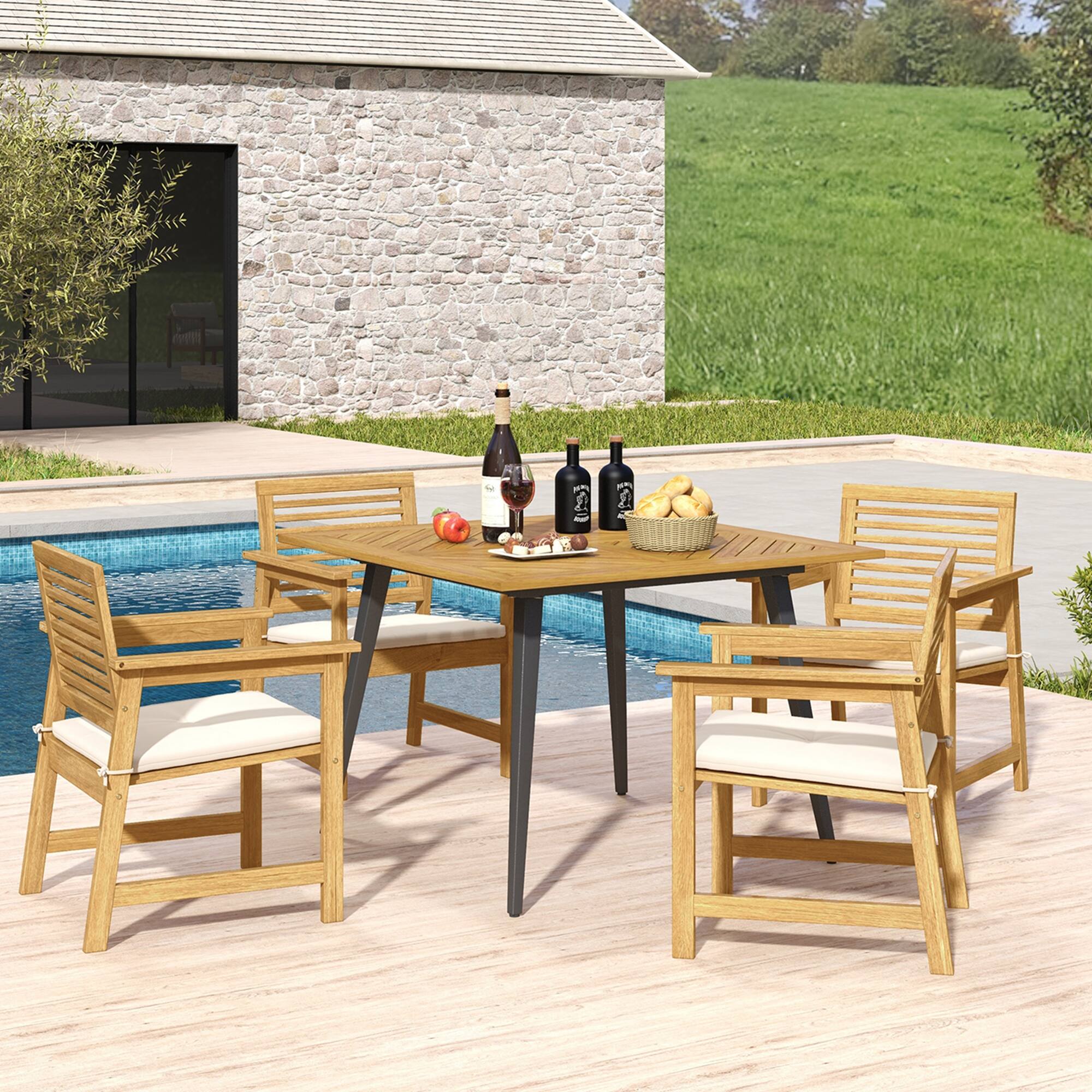 Back. Costway - 4-Person 42.5" Outdoor Dining Table with 1.9" Umbrella Hole, Adjustable Foot Pads - Natural + Black.