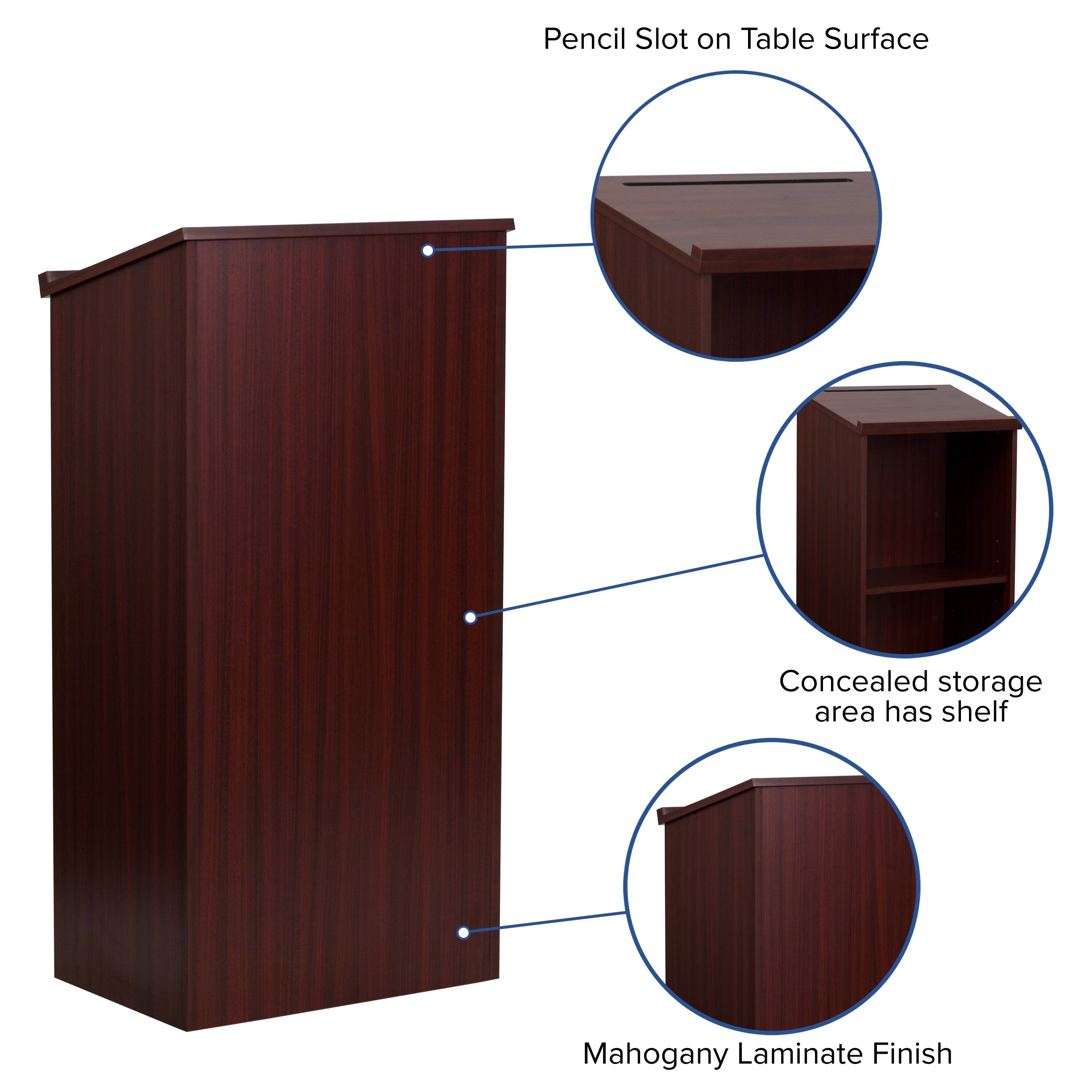 Pencil Slot on Table Surface  
Concealed storage area has shelf  
Mahogany Laminate Finish