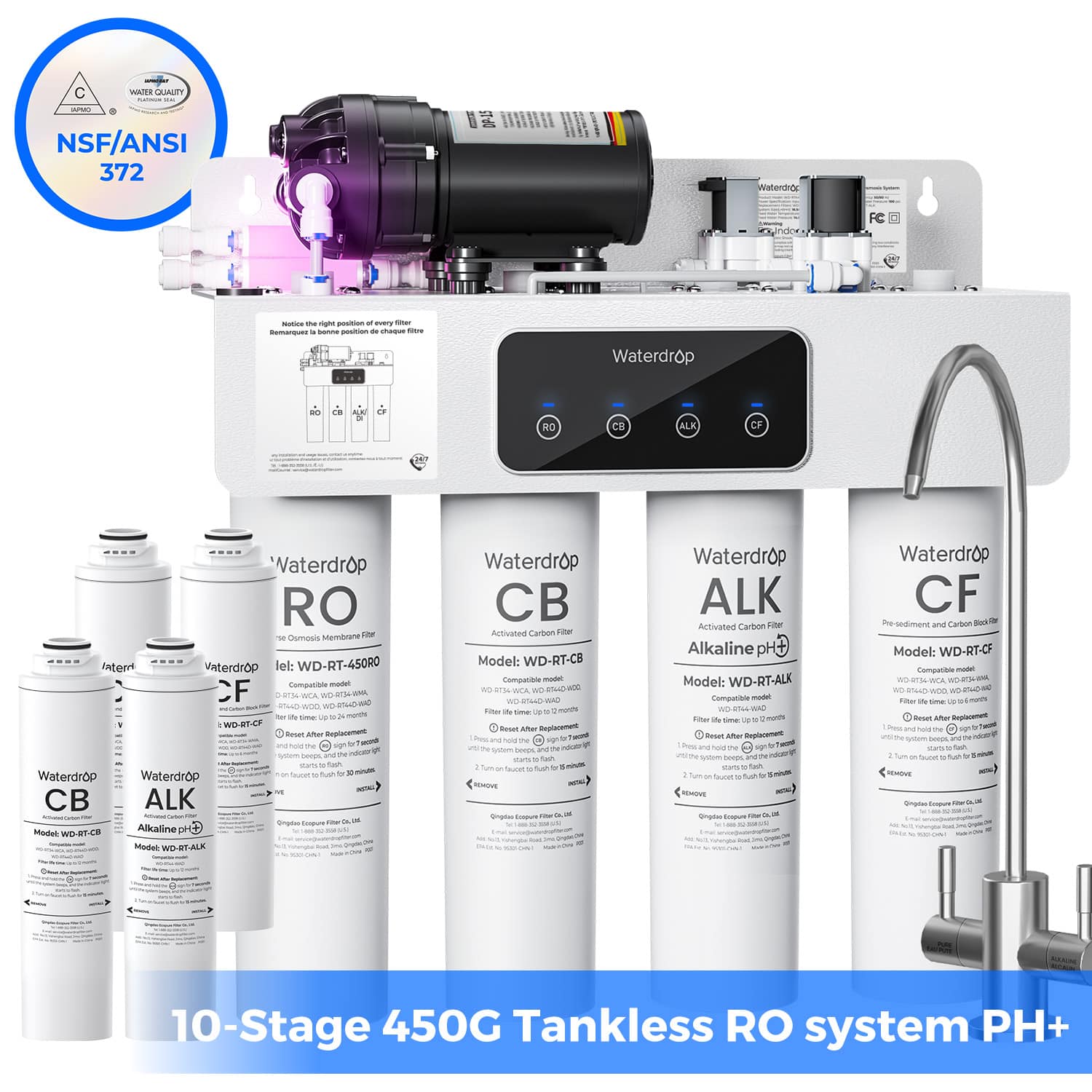 Waterdrop - WD-T4-A Alkaline pH+ RO System with Extra Filter Set, NSF/ANSI 372 Certified, 10-Stage, 450GPD, Tankless, 2:1 - White