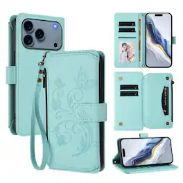 UUCOVER - Wallet Case for iPhone 17 Pro Max with Card Cash Slots, Zipper Pocket, Lanyard and Shoulder Strap, Flip Kickstand Cover - Green