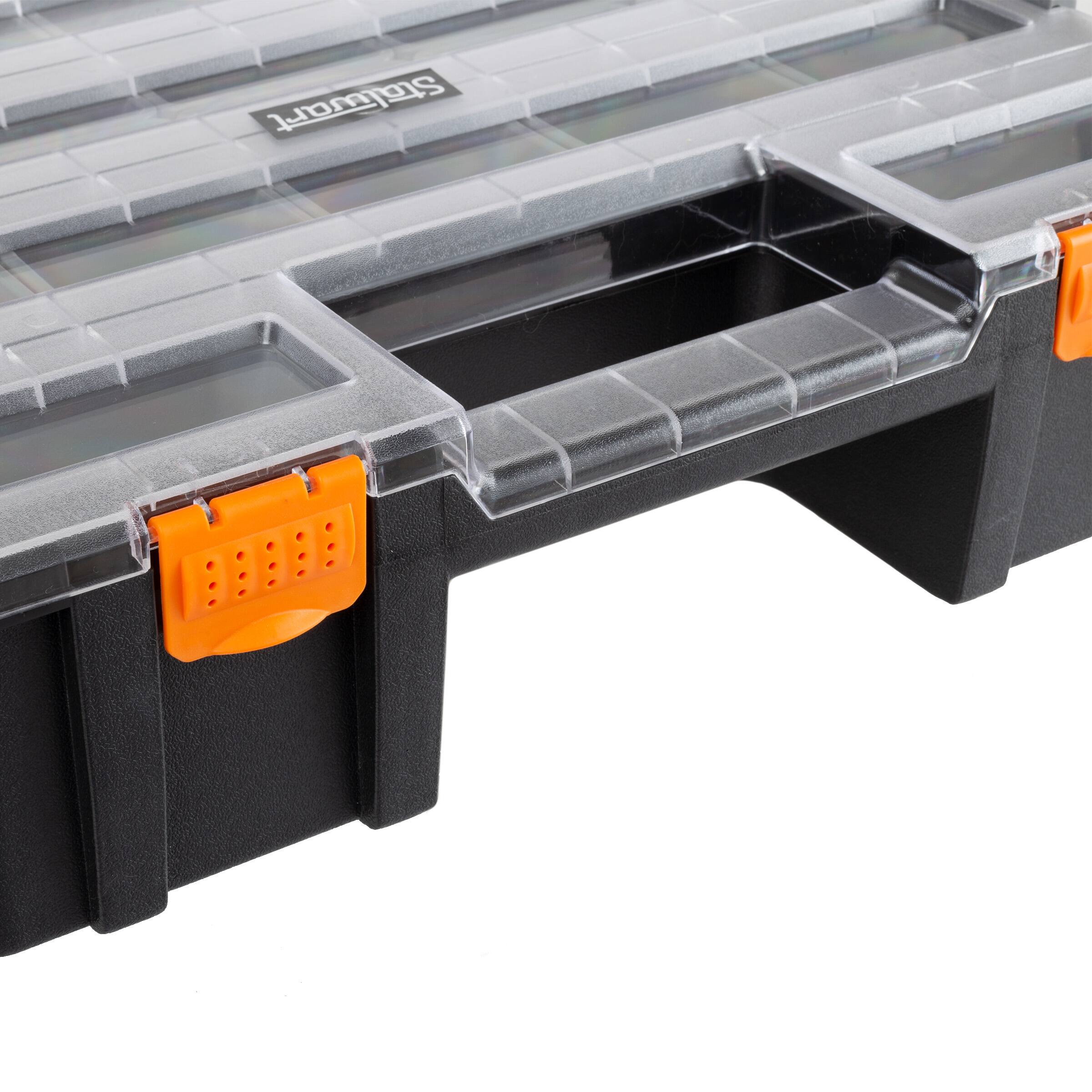 Left. Stalwart - 3-Tier 52-Compartment Parts Organizer - Dark Gray and Orange.