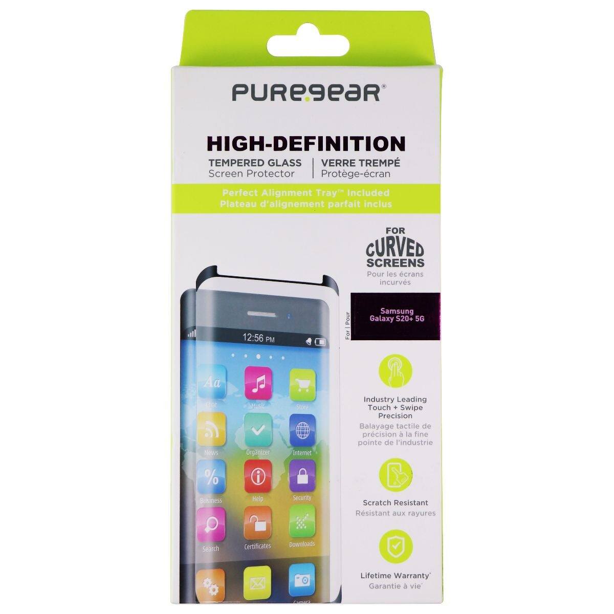 PUREgeaR HIGH-DEFINITION TEMPERED GLASS VERRE TREMPÉ Screen Protector Protège-écran Perfect Alignment Tray" Included Plateau d'alignement parfait inclus FOR CURVED SCREENS Pour les écrans incurvés 12:56 PM Pour Samsung Galaxy S20+ 5G

Industry Leading Touch + Swipe Precision Balayage tactile de précision à la fine pointe de l'industrie

Scratch Resistant Résistant aux rayures

Lifetime Warranty Garantie à vie