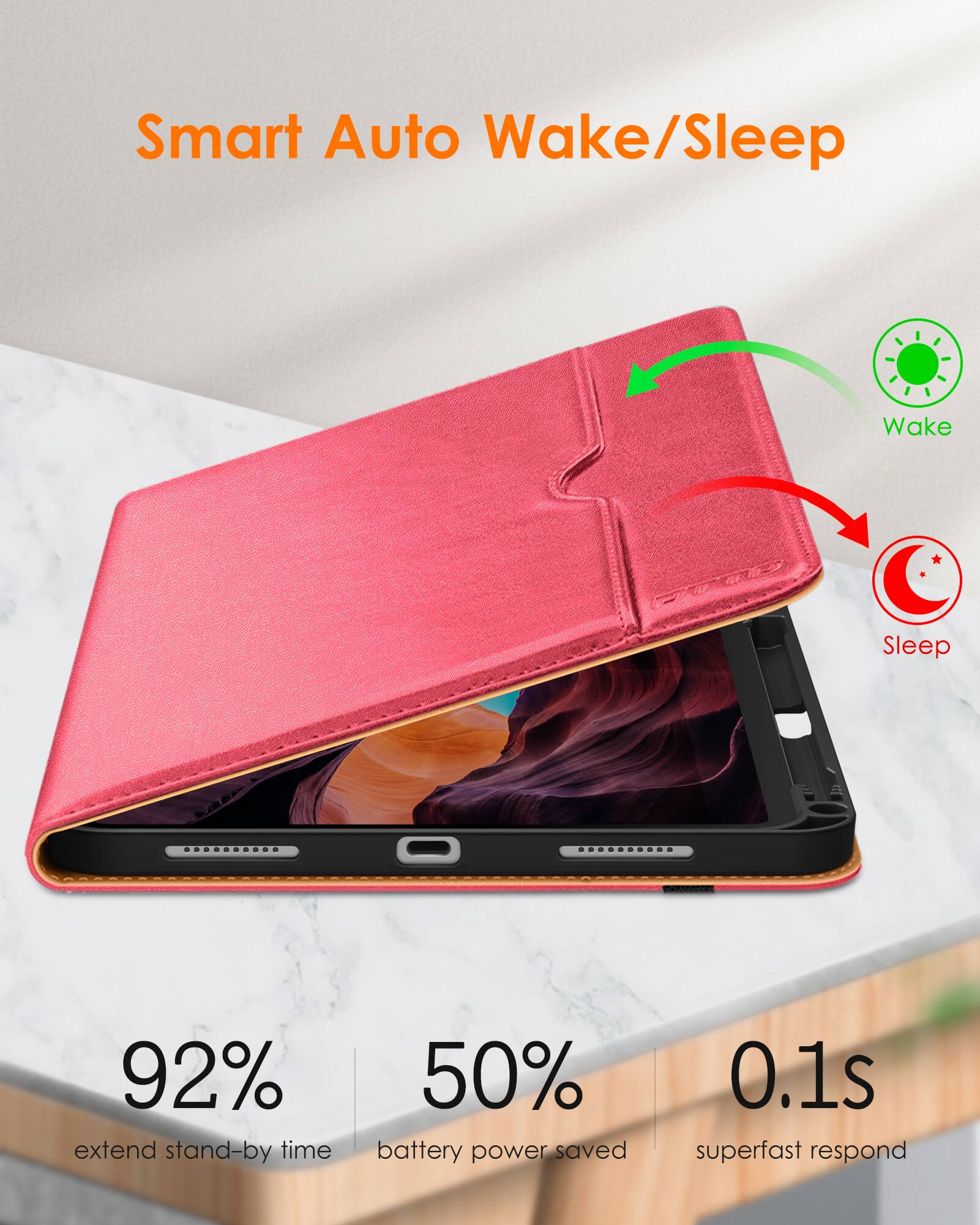 Smart Auto Wake/Sleep

- 92% extend stand-by time
- 50% battery power saved
- 0.1s superfast respond

Wake
Sleep