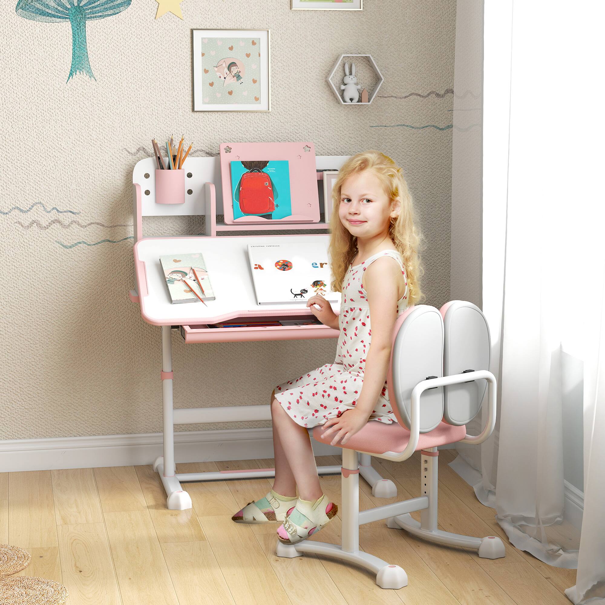 Angle. Qaba - Kids Desk and Chair Set, Height Adjustable, School Study Desk and Chair, Tilt Desktop, Storage Drawer - Pink.