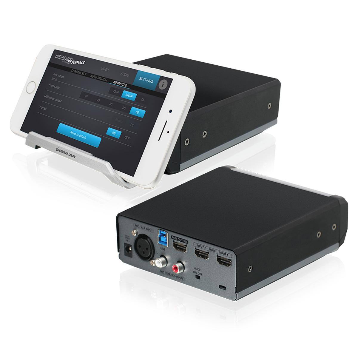 UPSTREAM ESSENTIALS  
CHROMA KEY VIDEO  
Resolution  
KEY AUDIO  
AUTO SWITCH SETTINGS  
Frame rate  
ADVANCED  
i TSP USB  
24 1080P  
Jugtuo coble  
25 30  
Border 50 60  
Reset D default  
GIOGEAR  
ON  
PC OFF  
TUATUO  
INPUT2 YOUR INPUT  
MC STERED TURA  
HDCP ON OFF