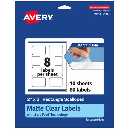 Go to avery.com/templates
Use Avery Template Presta® 94267
MATTE CLEAR
8 labels per sheet
10 sheets 80 labels
2" x 3" Rectangle Scalloped Matte Clear Labels with Sure Feed® Technology for Laser/Inkjet