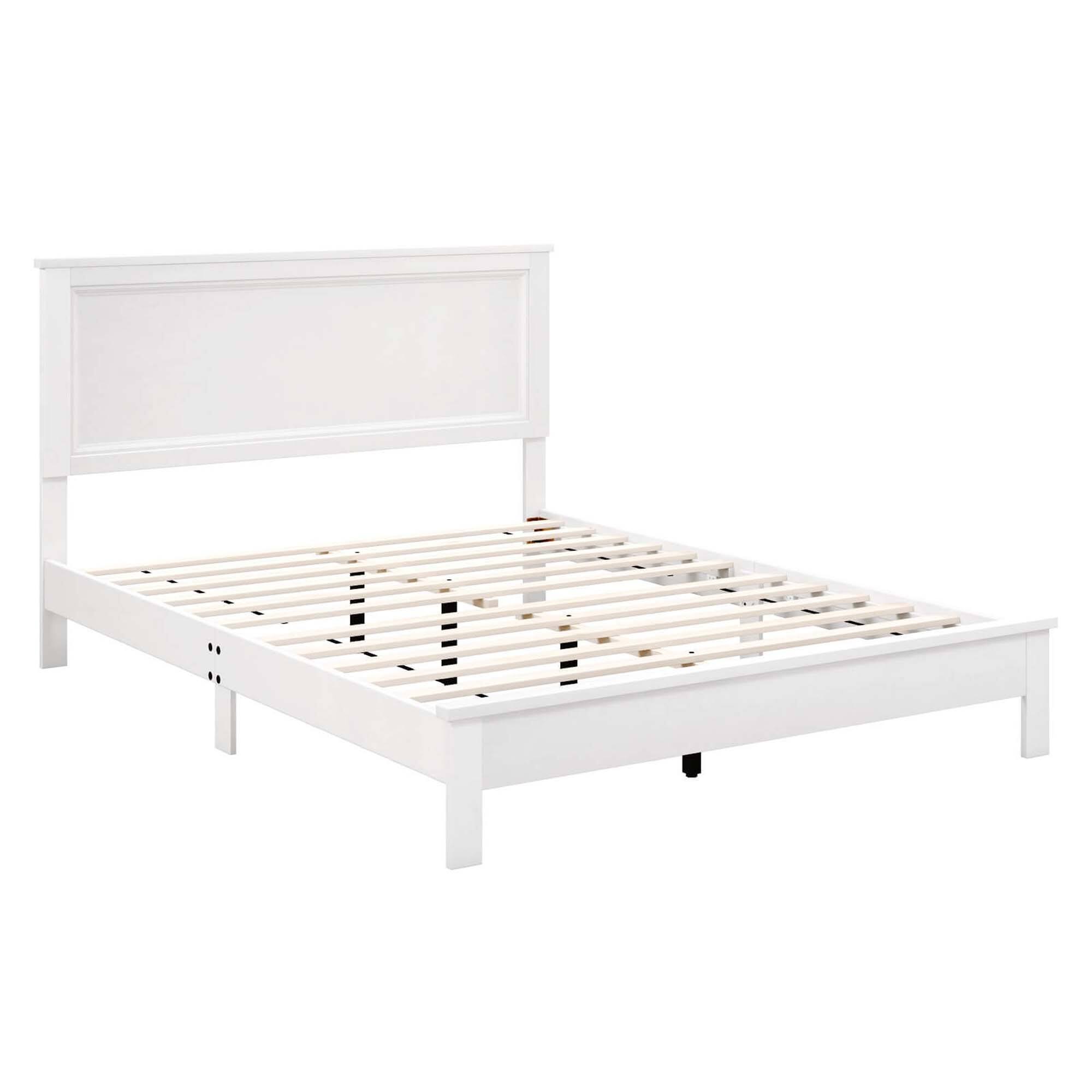 Front. Costway - Queen Size Bed Frame Platform Slat High Headboard Bedroom Rubber Wood Leg - White.