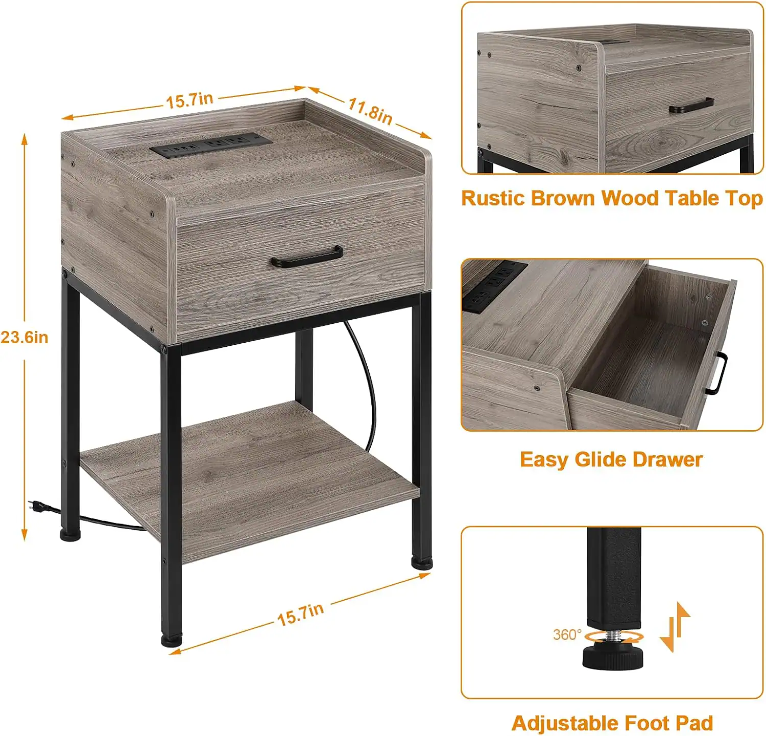 15.7in x 11.8in Rustic Brown Wood Table Top, 23.6in Easy Glide Drawer, 15.7in 360 Adjustable Foot Pad
