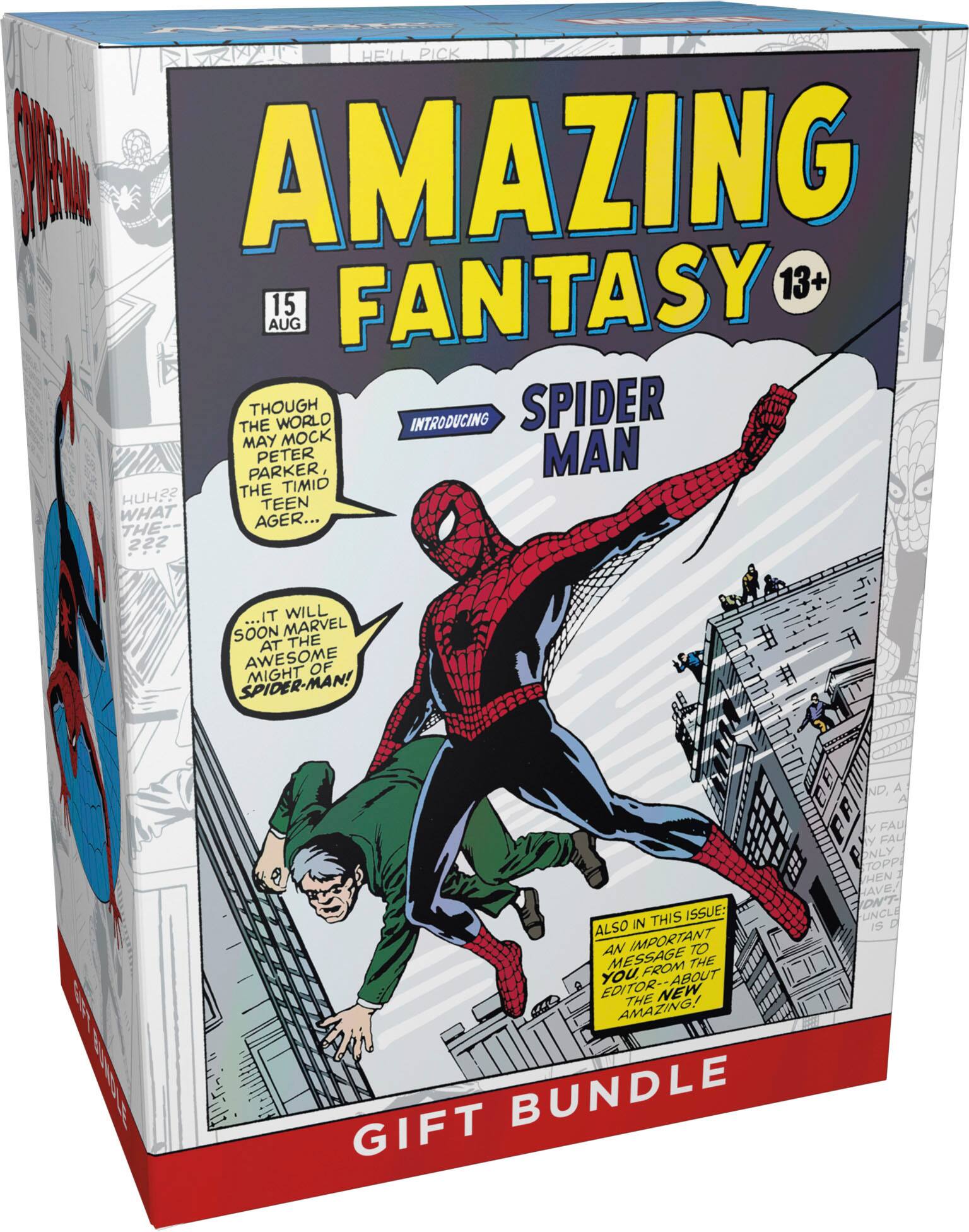 HE'LL PICK
AMAZING FANTASY 13+
15 AUG
THE THOUGHT
INTRODUCING SPIDER
MAY MOCK PARKER, PETER
THE TIMID
HUH??
TEEN WHAT AGER...
THE
...IT WILL SOON MARVEL AT THE AWESOME MIGHT OF SPIDER-MAN!
ND, A
GPE THIS ISSUE:
ALSO IN THIS ISSUE:
AN IMPORTANT MESSAGE FROM THE EDITOR--ABOUT YOU, ABOUT EDITOR NEW THE AMAZING!
BUNDLE GIFT
FAU Y FAU ONLY TOPPI
HEN AVE!
UNCLE IS a