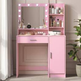 Loheer - Pink Vanity Desk with Mirror and Lights, Three Lighting Modes, Large Storage - Baby Pink