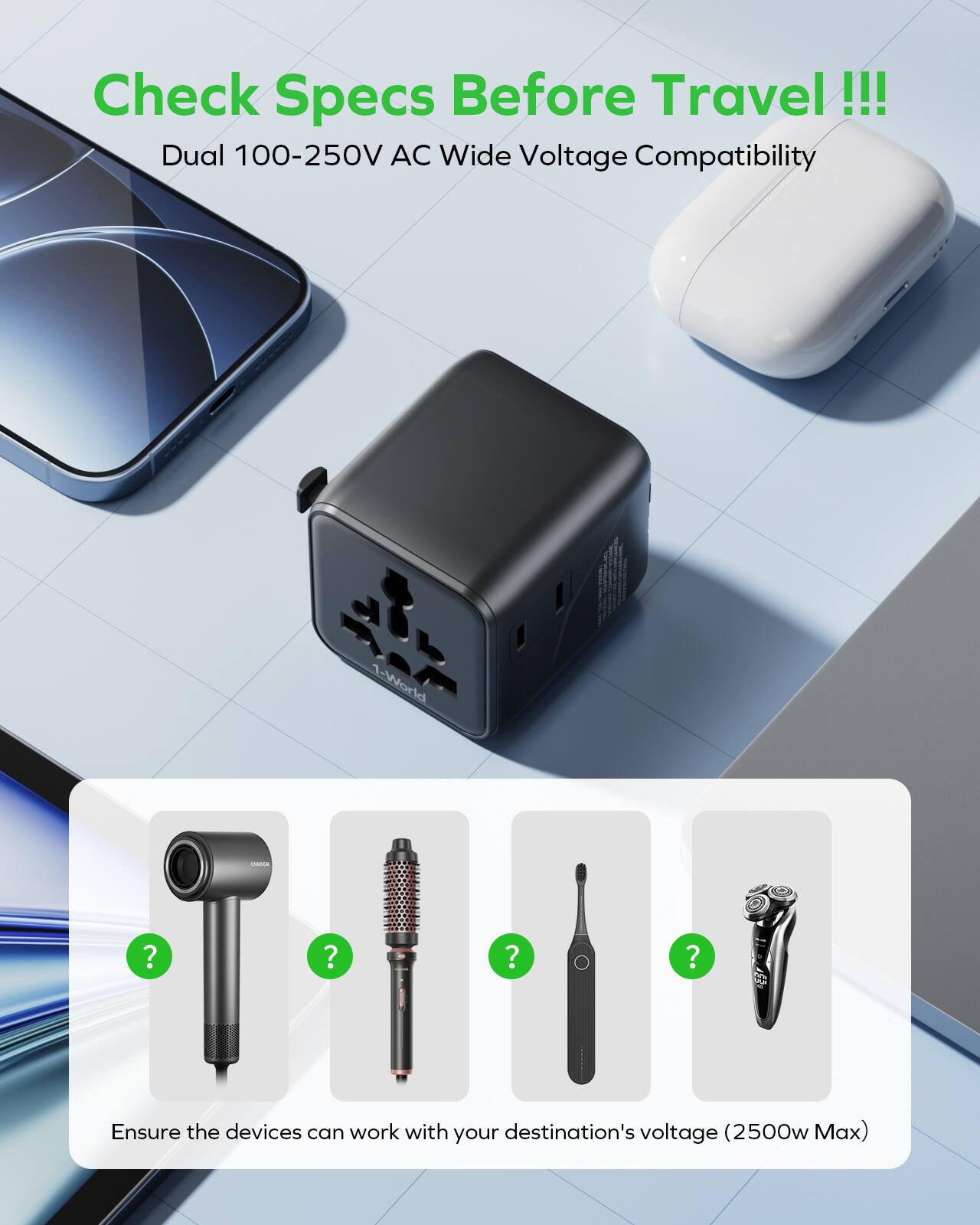 Check Specs Before Travel!!!

Dual 100-250V AC Wide Voltage Compatibility

Ensure the devices can work with your destination's voltage (2500w Max)
