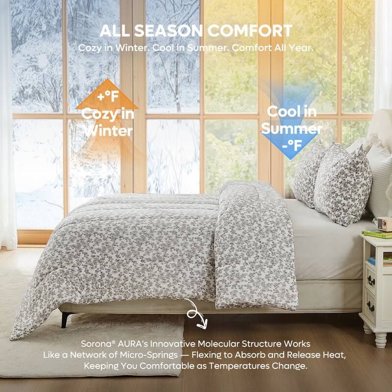 ALL SEASON COMFORT  
Cozy in Winter. Cool in Summer. Comfort All Year.

+°F Cozy in Winter  
-°F Cool in Summer

Sorona® AURA's Innovative Molecular Structure Works Like a Network of Micro-Springs — Flexing to Absorb and Release Heat, Keeping You Comfortable as Temperatures Change.