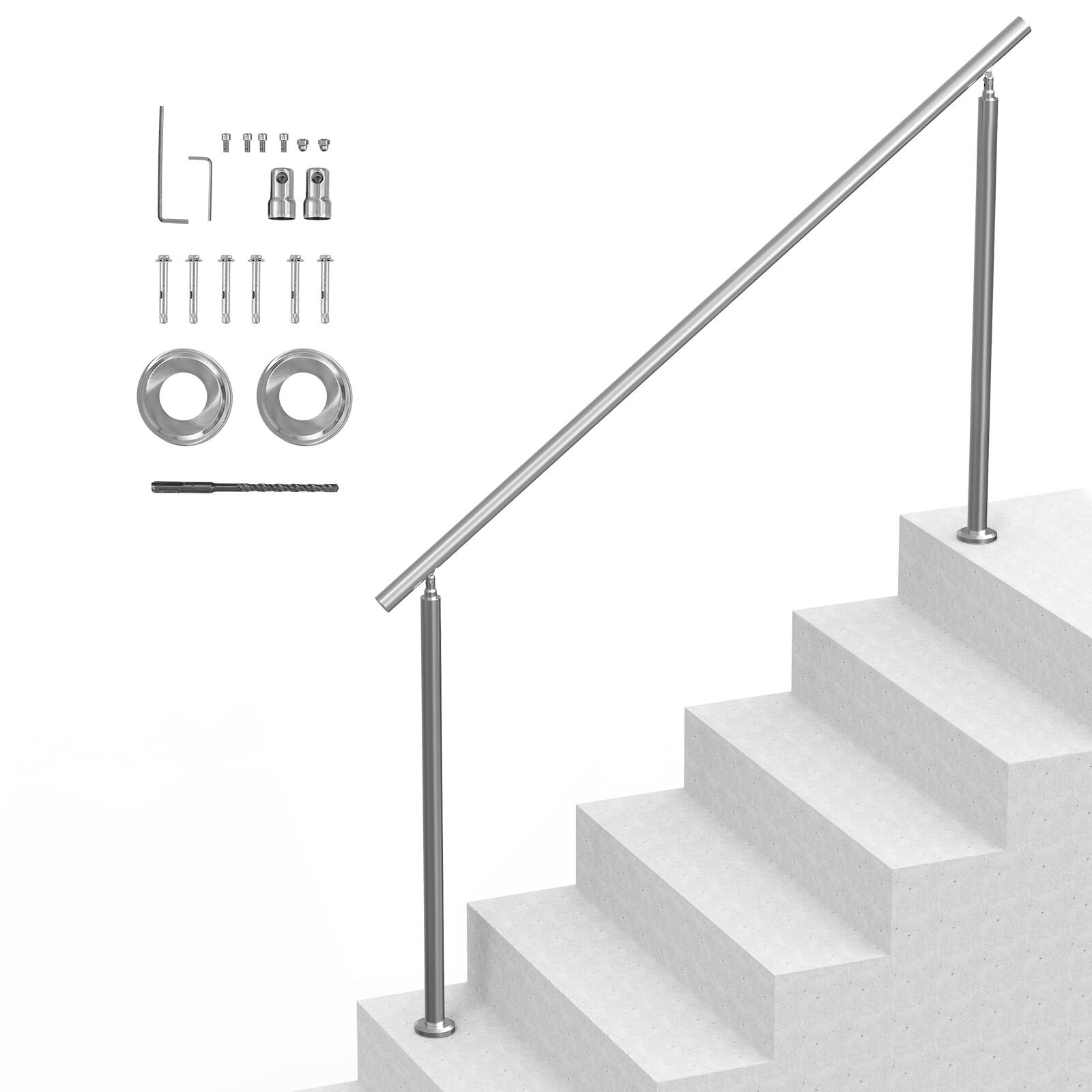 Front. VEVOR - Handrails for Outdoor Steps, 70.9 in/ 180cm Length Stair Hand Rail Kit, Transitional Stainless Steel Railings - Sliver.