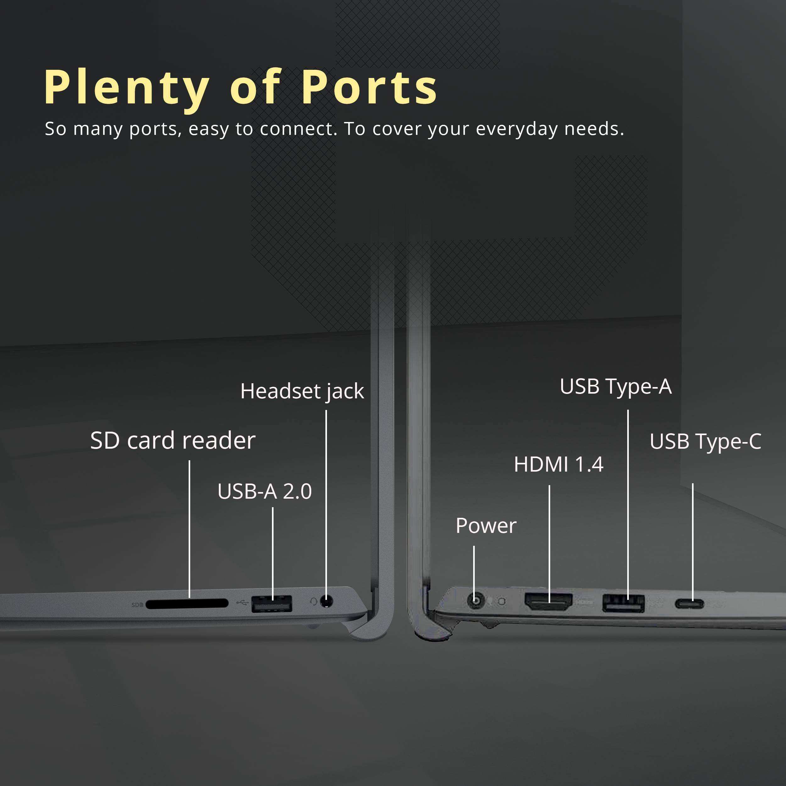 Plenty of Ports

So many ports, easy to connect. To cover your everyday needs.

- Headset jack
- SD card reader
- USB-A 2.0
- USB Type-A
- HDMI 1.4
- USB Type-C
- Power 18