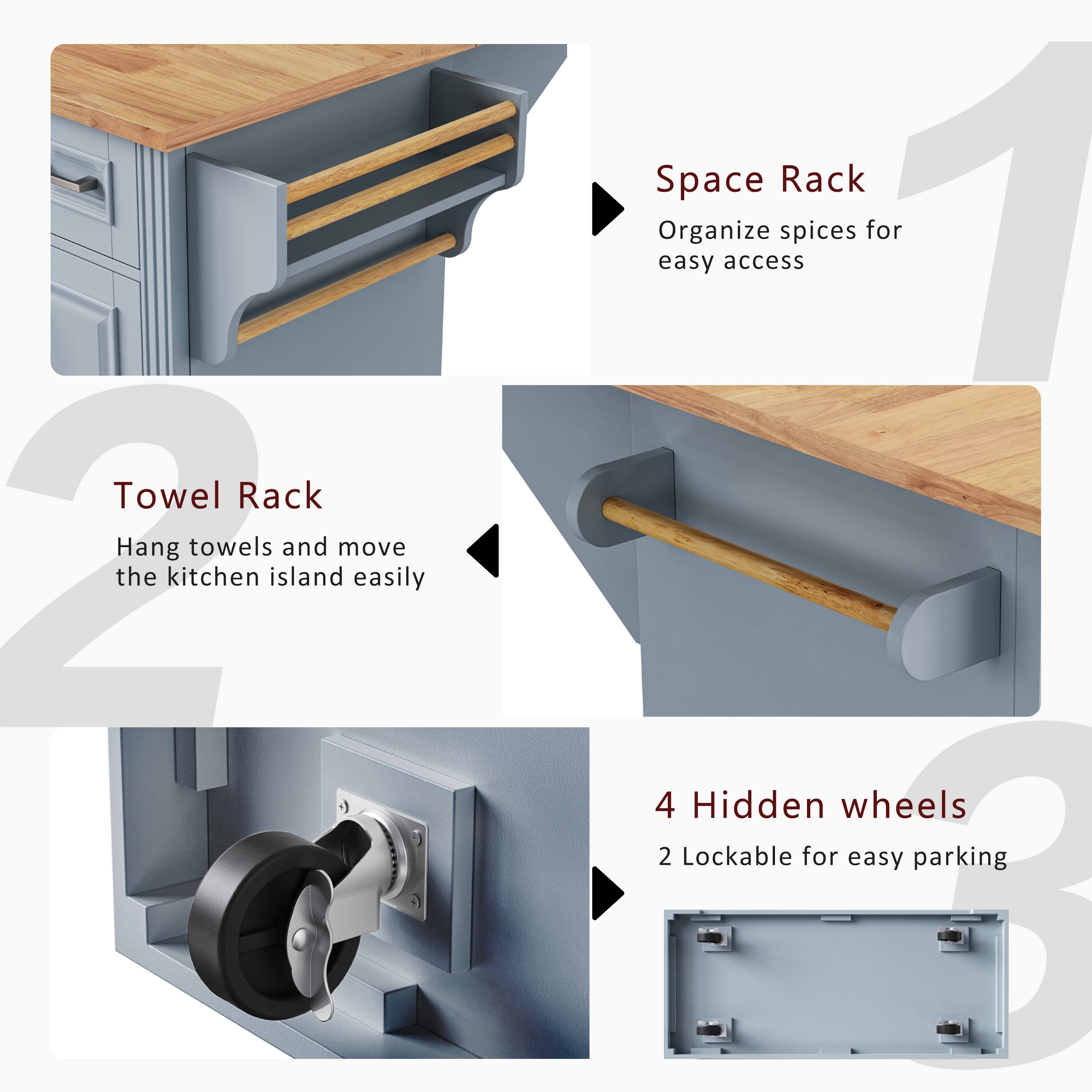 - Towel Rack: Hang towels and move the kitchen island easily
- Space Rack: Organize spices for easy access
- 4 Hidden wheels: 2 Lockable for easy parking