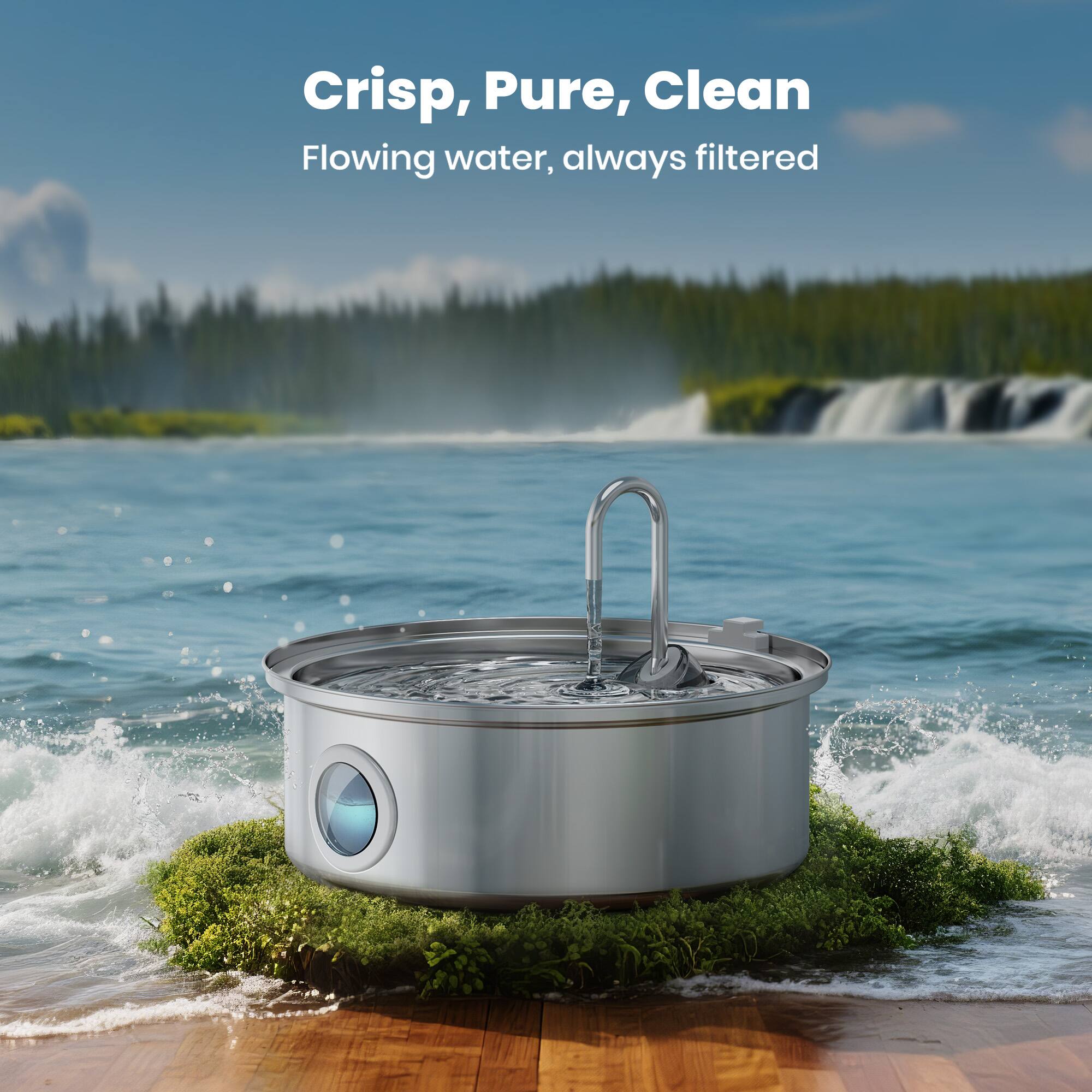 Crisp, Pure, Clean  
Flowing water, always filtered