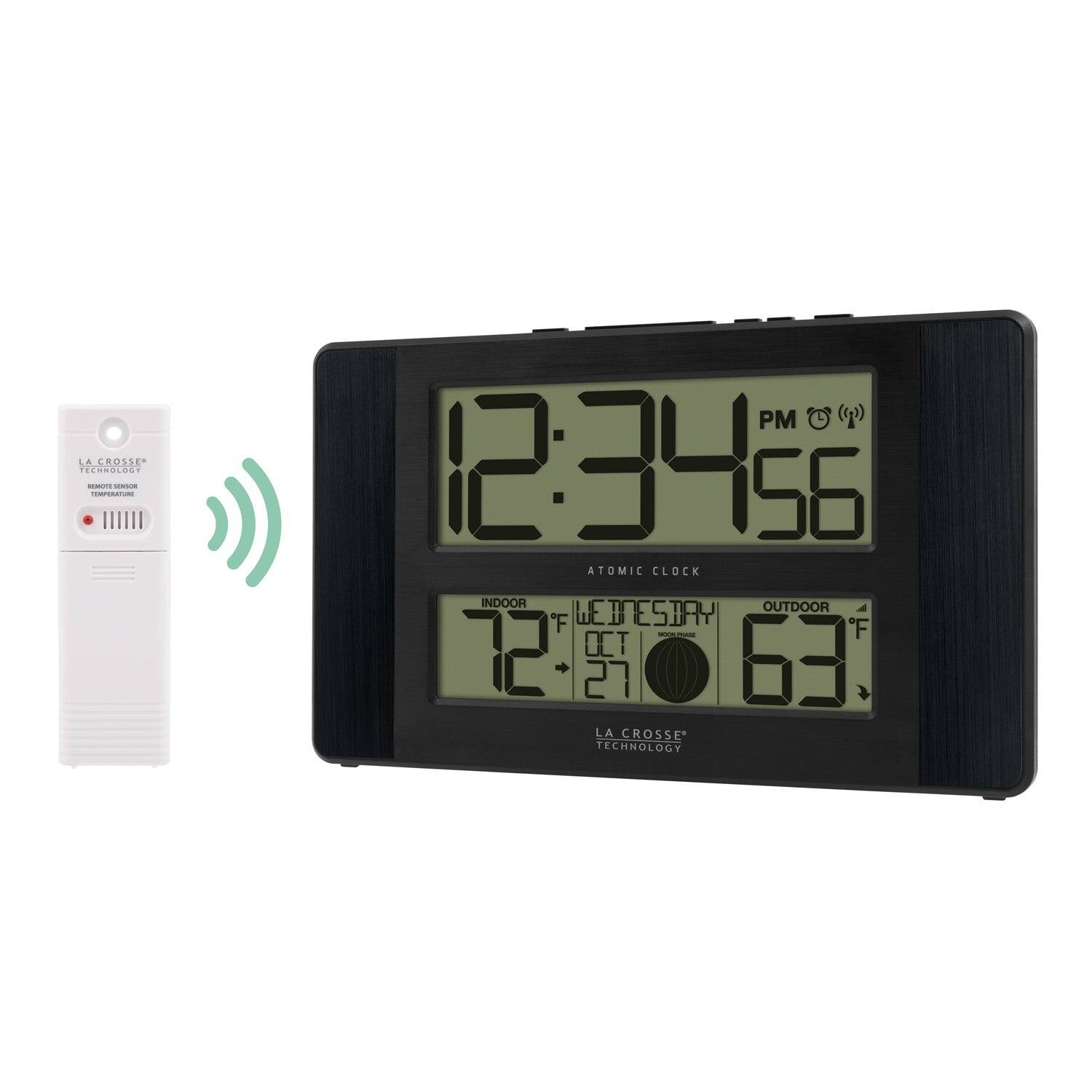 LA CROSSE TECHNOLOGY  
REMOTE SENSOR  
TEMPERATURE  

12:34 PM  
56  

ATOMIC CLOCK  
INDOOR 72°F  
OUTDOOR 63°F  
WEDNESDAY  
OCT 27  

LA CROSSE TECHNOLOGY