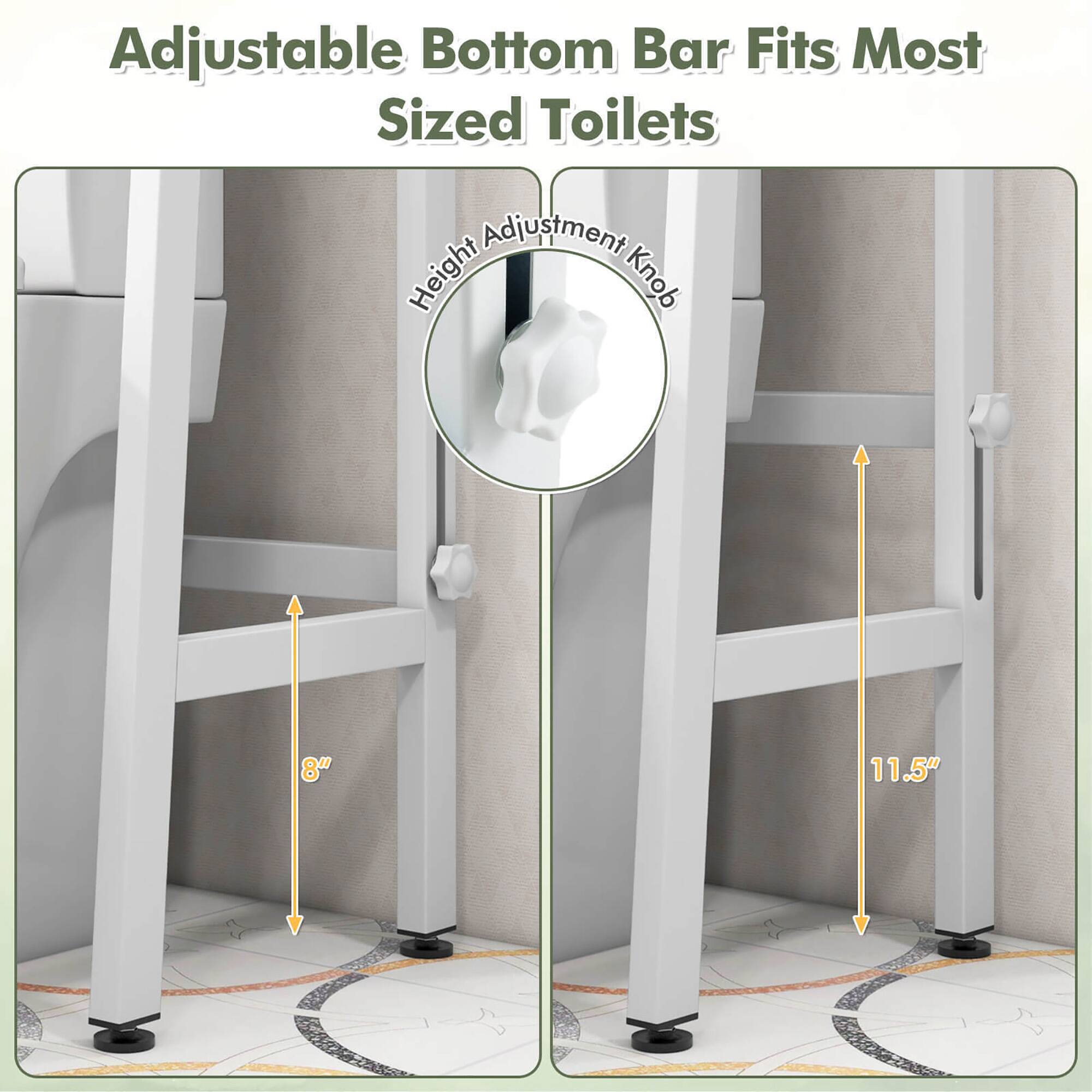 Adjustable Bottom Bar Fits Most Sized Toilets  
Adjustment Height Knob  
8" 11.5"