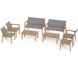 Costway - 8 Pieces Outdoor Furniture Set, Acacia Wood Frame Sofa Set with Rattan Seat - Gray