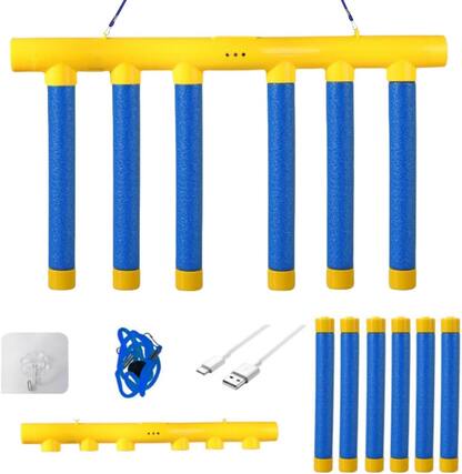 The image shows a set of blue and yellow foam dumbbells with various accessories. Here is the corrected and grouped text:
- Foam dumbbells (blue and yellow)
- USB charging cable
- Blue foam accessory (possibly for grip or decoration)
- Yellow foam bar (possibly for grip or decoration)
- Yellow foam caps (for the ends of the dumbbells)