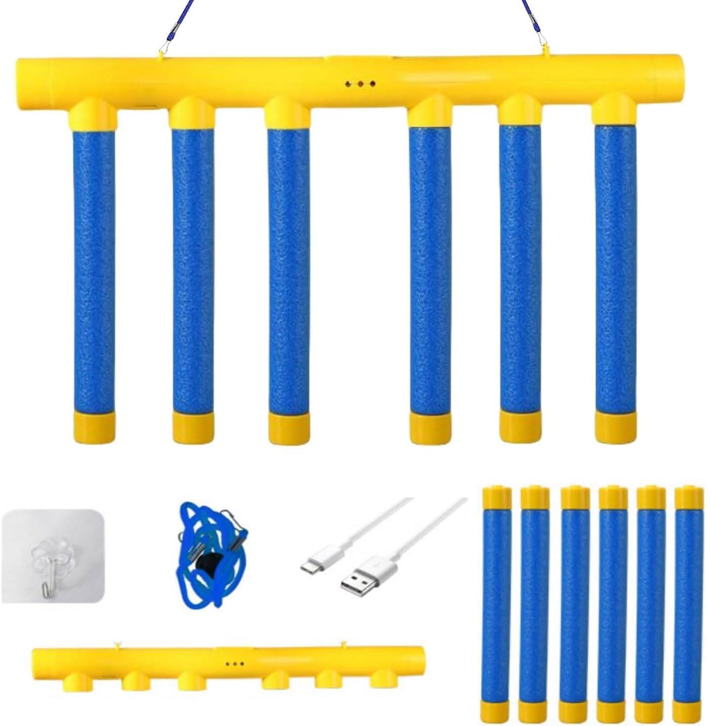 The image shows a set of blue and yellow foam dumbbells with various accessories. Here is the corrected and grouped text:

- Foam dumbbells (blue and yellow)
- USB charging cable
- Blue foam accessory (possibly for grip or decoration)
- Yellow foam bar (possibly for grip or decoration)
- Yellow foam caps (for the ends of the dumbbells)