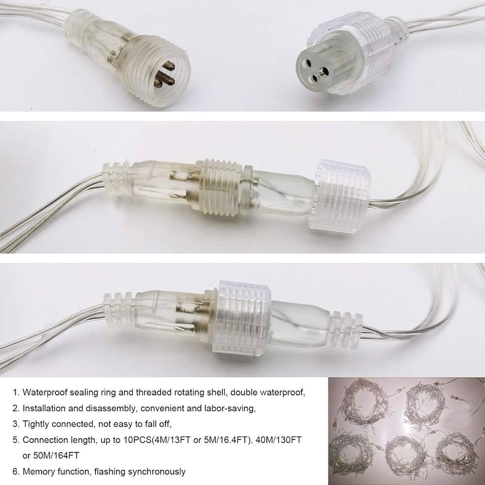 1. Waterproof sealing ring and threaded rotating shell, double waterproof.
2. Installation and disassembly, convenient and labor-saving.
3. Tightly connected, not easy to fall off.
4. Connection length, up to 10PCS(4M/13FT or 5M/16.4FT), 40M/130FT or 50M/164FT.
5. Memory function, flashing synchronously.