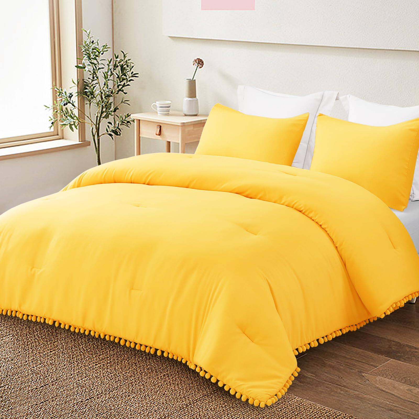 Front. Comfort Essence - Boho Pom Ball Fringe Queen Comforter Set 3 Piece Hot Lightweight Down Alternative Bedding Sets For All Seasons - Vibrant Yellow-Queen (90"x90").