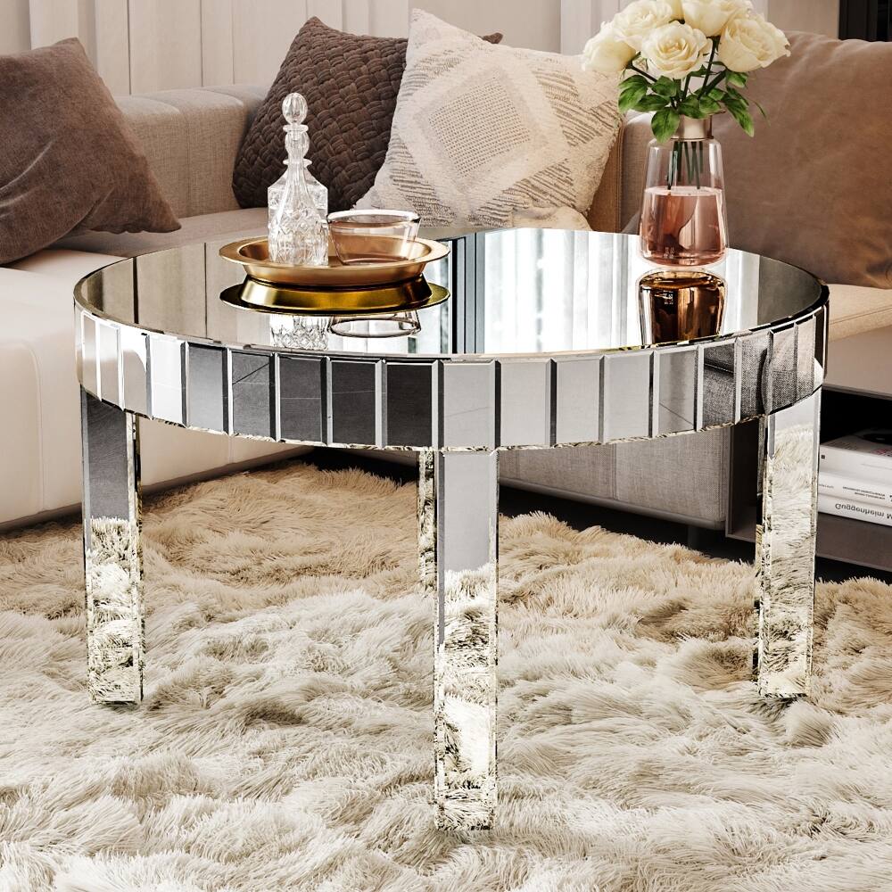Angle. Loheer - Loheer silver round mirrored coffee table, fluted mirror design center table, 31.5 inch - Silver.