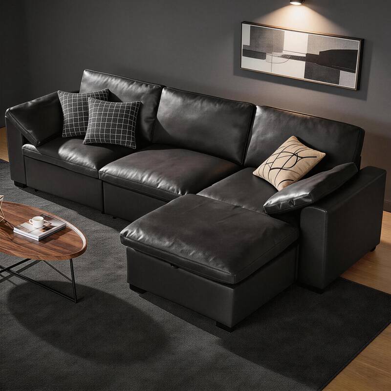 Front. Dyonery - 120"  PU Sofa, ideal for family living rooms, modern L-shaped sectional sofa with convertible ottoman, modular sofa. - Black.