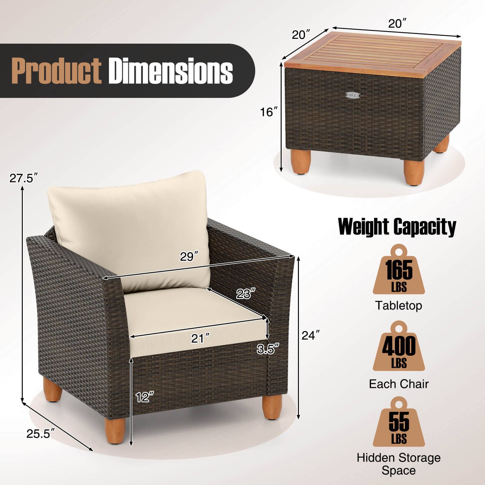 Product Dimensions: 20" 16" 27.5" 29" 23" 21" 3.5" 24" 25.5" 12"

Weight Capacity: 165 LBS Tabletop 400 LBS Each Chair 55 LBS Hidden Storage Space