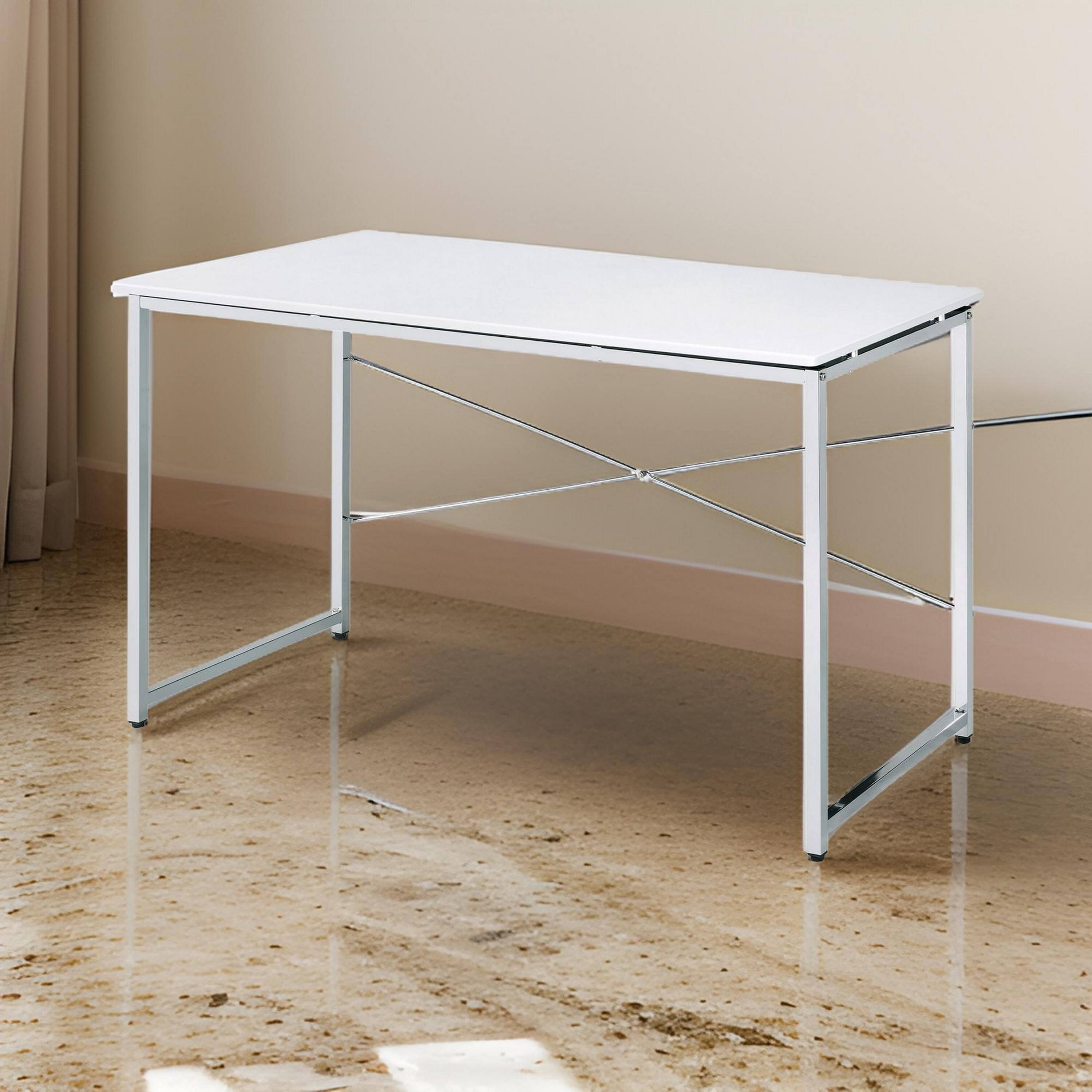 Alt View 2. Manhattan Lane - Writing Desk with X Shaped Cross Bar and Chrome Finish, White - White.